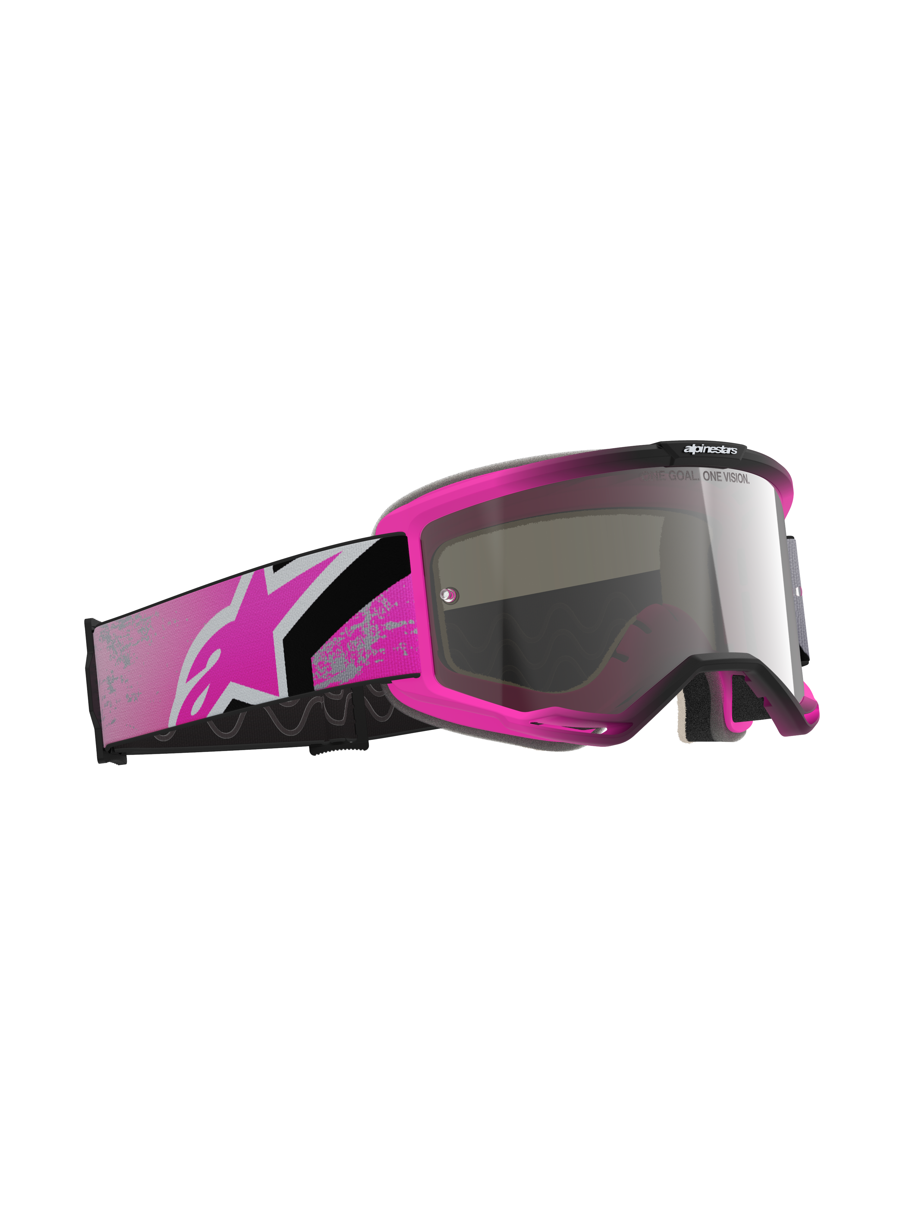 Óculos Alpinestars Vision 5 Lahnd, óculos de motocross, cor-de-rosa fluorescente e prateado espelhado, armação cor-de-rosa vibrante com lente prateada espelhada, tira larga cor-de-rosa e preta com logótipo Astars em cor-de-rosa, equipamento de proteção para todo-o-terreno