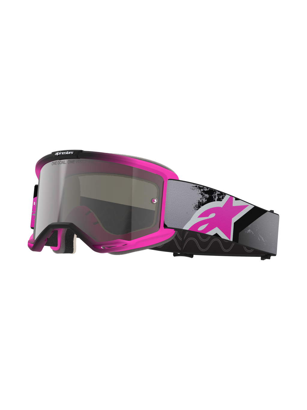 Alpinestars Vision 5 Lahnd Goggles, óculos de motocross, Iron Pink Fluo e preto, lente espelhada prateada com o texto 'One Goal One Vision', correia cinzenta ajustável com logótipo rosa grande, armação de uretano ventilada para performance off-road