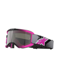 Alpinestars Vision 5 Lahnd Goggles, óculos de motocross, Iron Pink Fluo e preto, lente espelhada prateada com o texto 'One Goal One Vision', correia cinzenta ajustável com logótipo rosa grande, armação de uretano ventilada para performance off-road