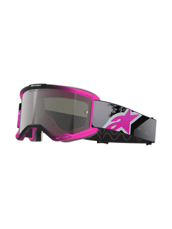 Alpinestars Vision 5 Lahnd Goggles, Motocross Goggles, Iron Pink Fluo and Black, Mirror Silver tinted lens with 'One Goal One Vision' text, adjustable grey strap with large pink logo, ventilated urethane frame for off-road performance
