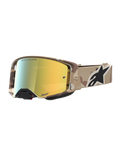 Alpinestars Supertech Lone Motocross Goggles in desert camo and mirror gold, featuring high-grade optics and a secure strap.