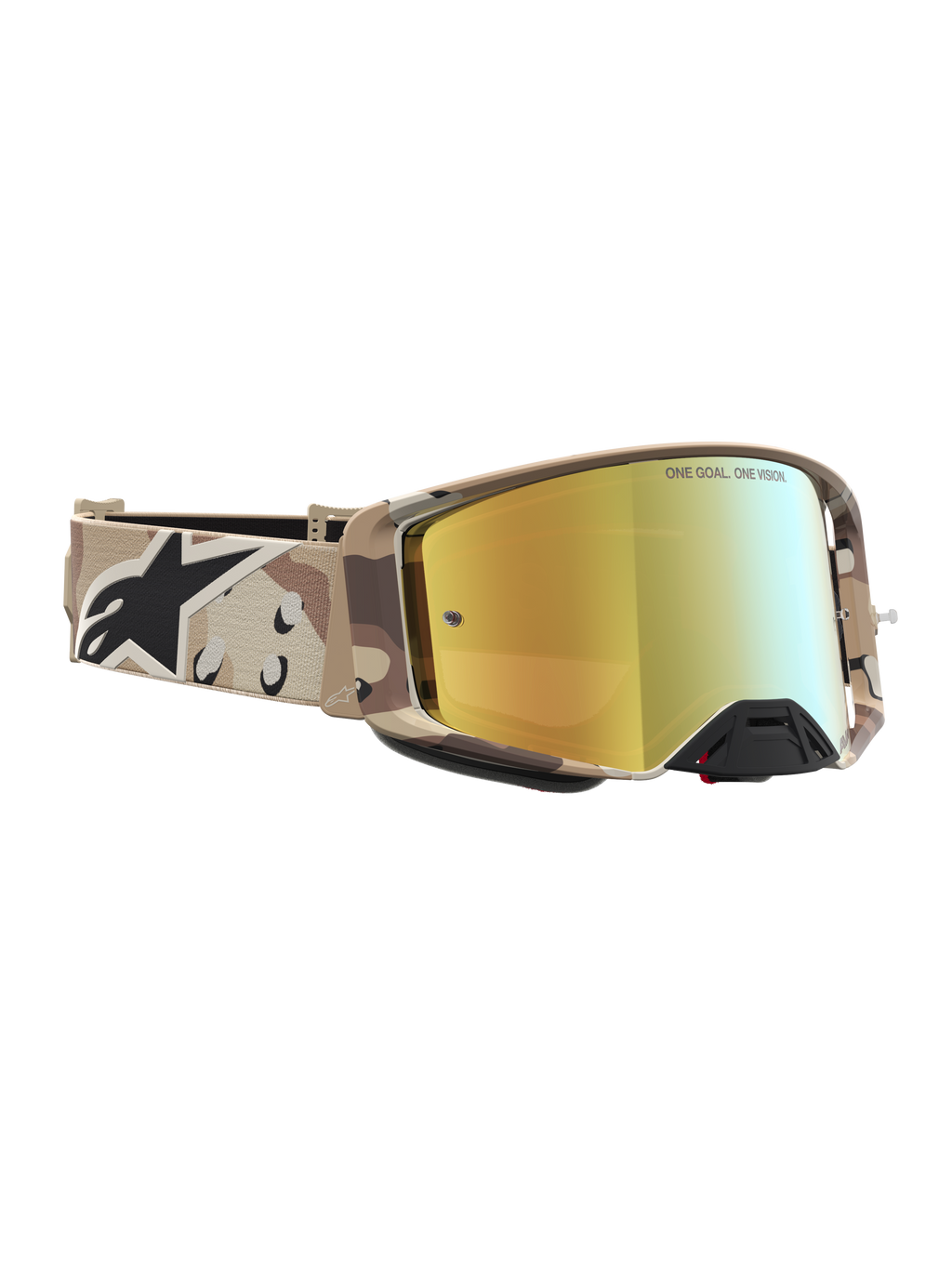 Alpinestars Supertech Lone, óculos de motocross com padrão camuflado deserto e lente dourada espelhada.
