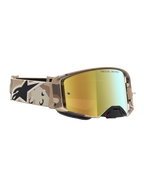 Alpinestars Supertech Lone, óculos de motocross com padrão camuflado deserto e lente dourada espelhada.