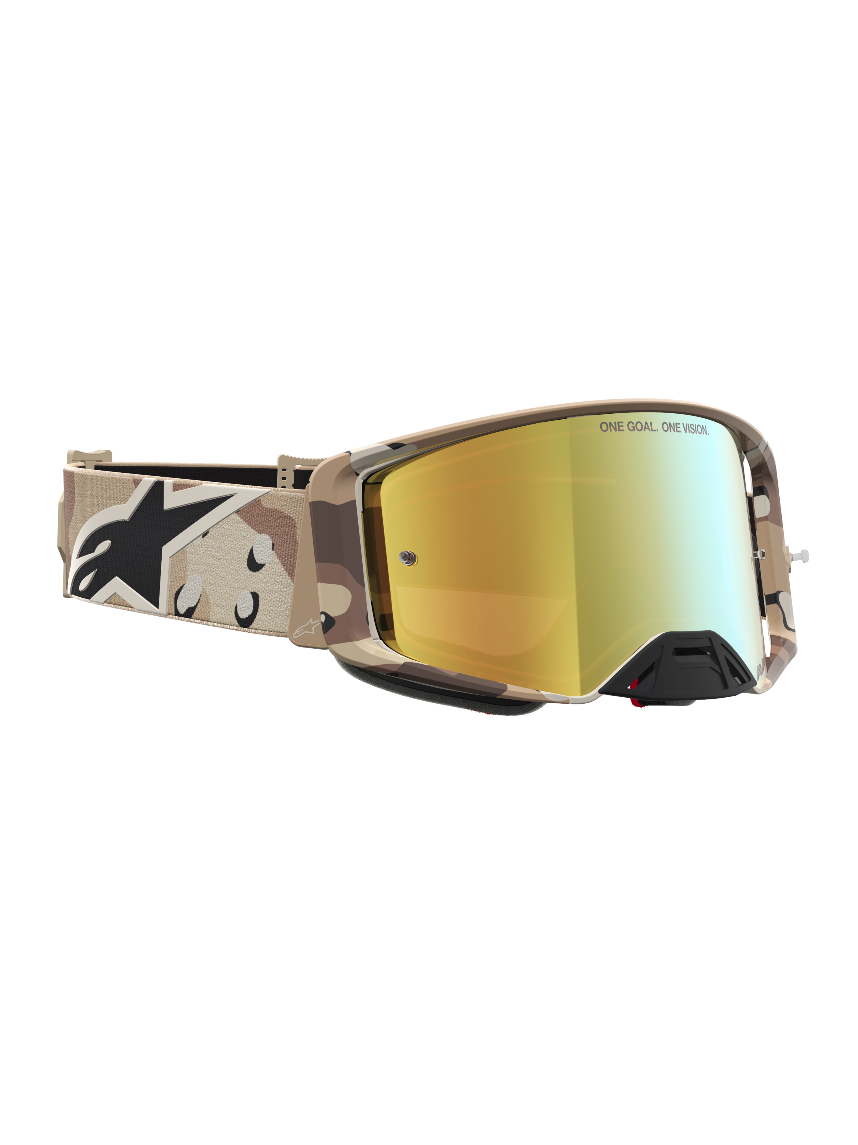 Alpinestars Supertech Lone, óculos de motocross com padrão camuflado deserto e lente dourada espelhada.