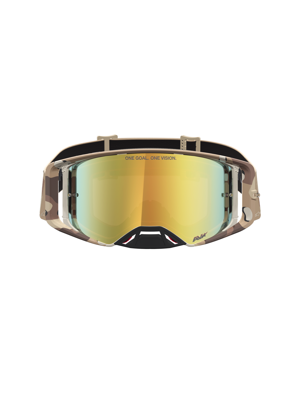 Alpinestars Supertech Lone, óculos de motocross para corrida, camuflagem deserto e lente dourada espelhada.
