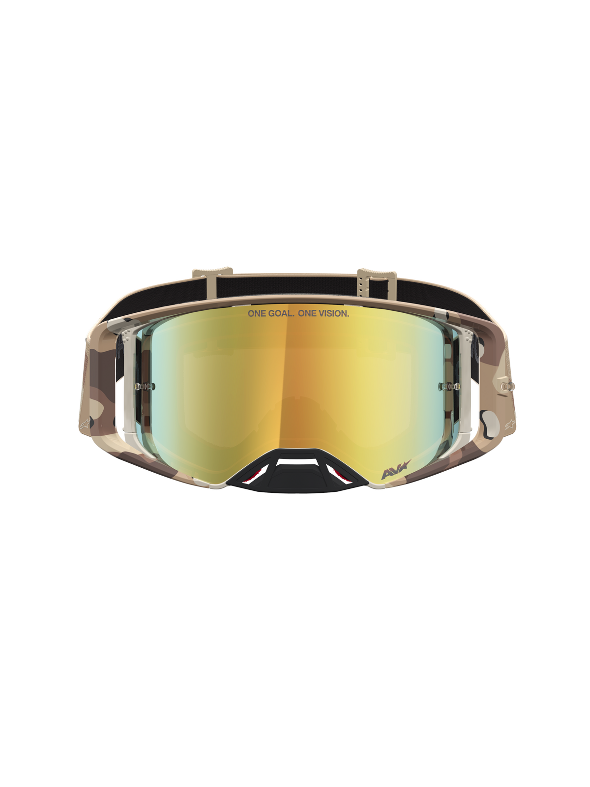 Alpinestars Supertech Lone, óculos de motocross para corrida, camuflagem deserto e lente dourada espelhada.