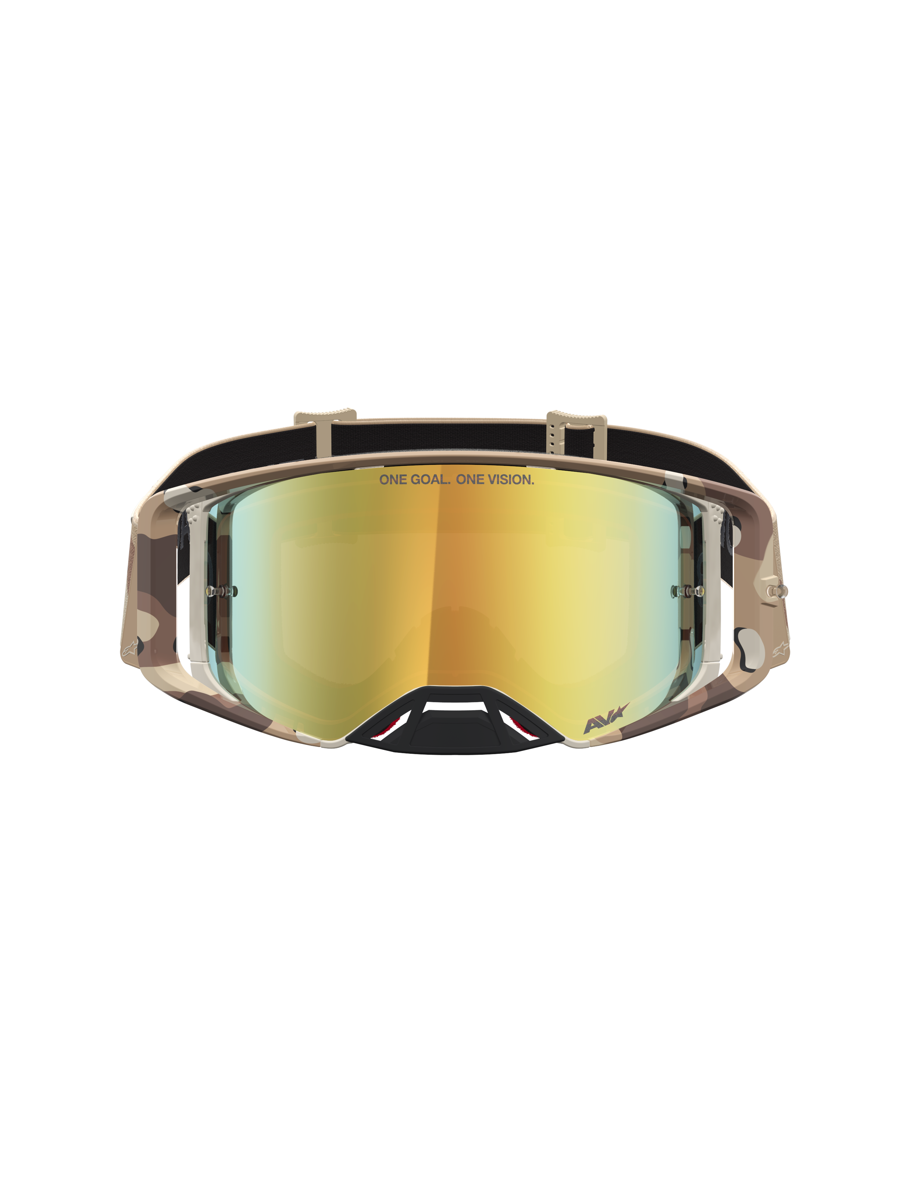Alpinestars Supertech Lone, óculos de motocross para corrida, camuflagem deserto e lente dourada espelhada.