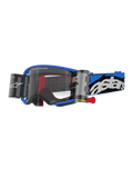 Alpinestars Supertech Stream Goggles, Motocross Goggles, Blue frame with clear lens and integrated roll-off canisters, red internal accents, blue and black strap with bold white logo, professional eyewear for off-road racing