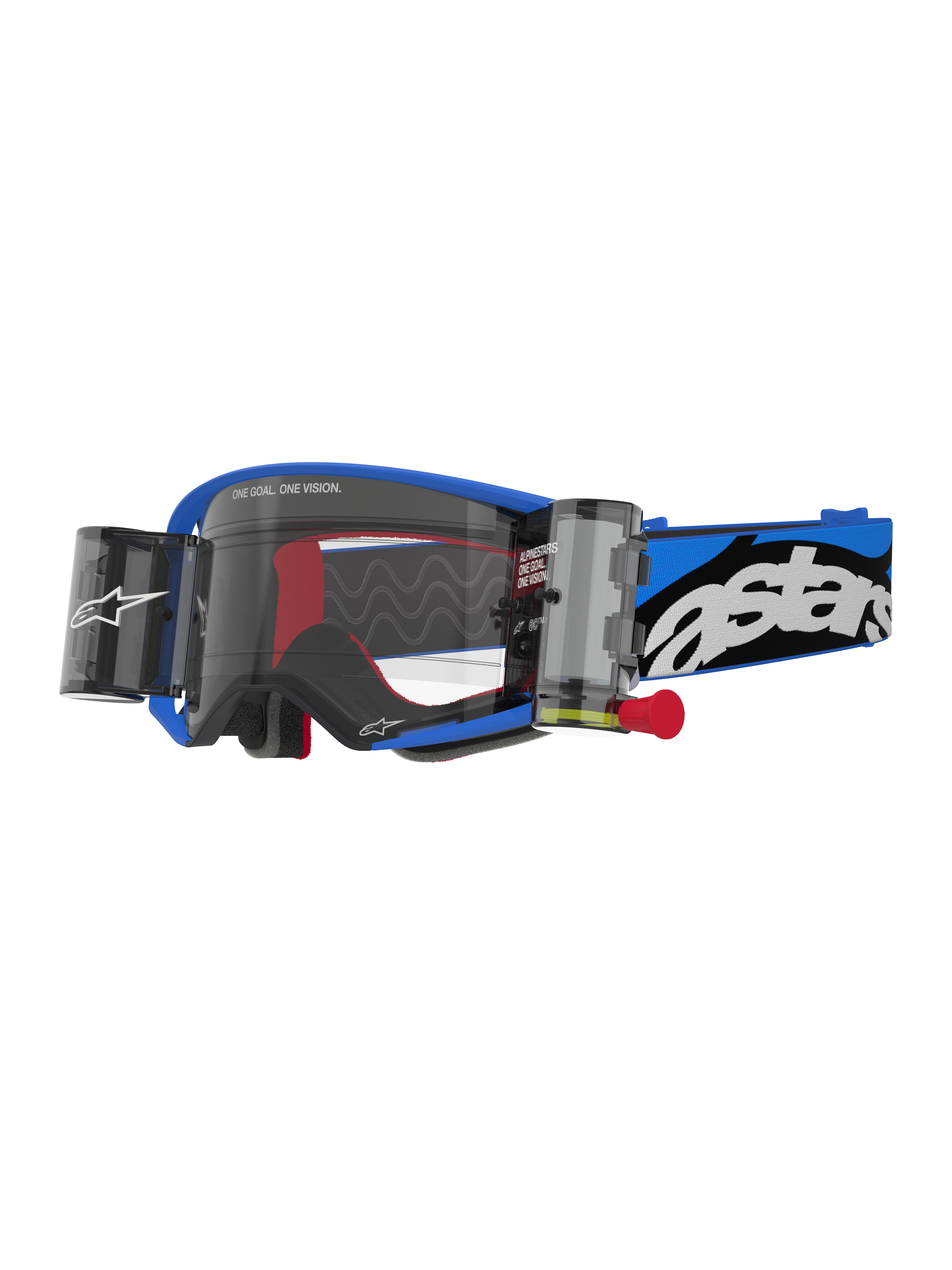 Alpinestars Supertech Stream Goggles, Motocross Goggles, Blue frame with clear lens and integrated roll-off canisters, red internal accents, blue and black strap with bold white logo, professional eyewear for off-road racing