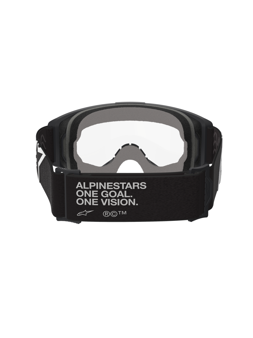 Alpinestars Vision Goggles OTG, óculos de motocross, pretos e cinzentos, vista traseira que mostra uma tira larga tecida preta com o slogan da marca, espuma facial cinzenta de várias camadas, lente transparente, concebidos para um ajuste sobre óculos graduados