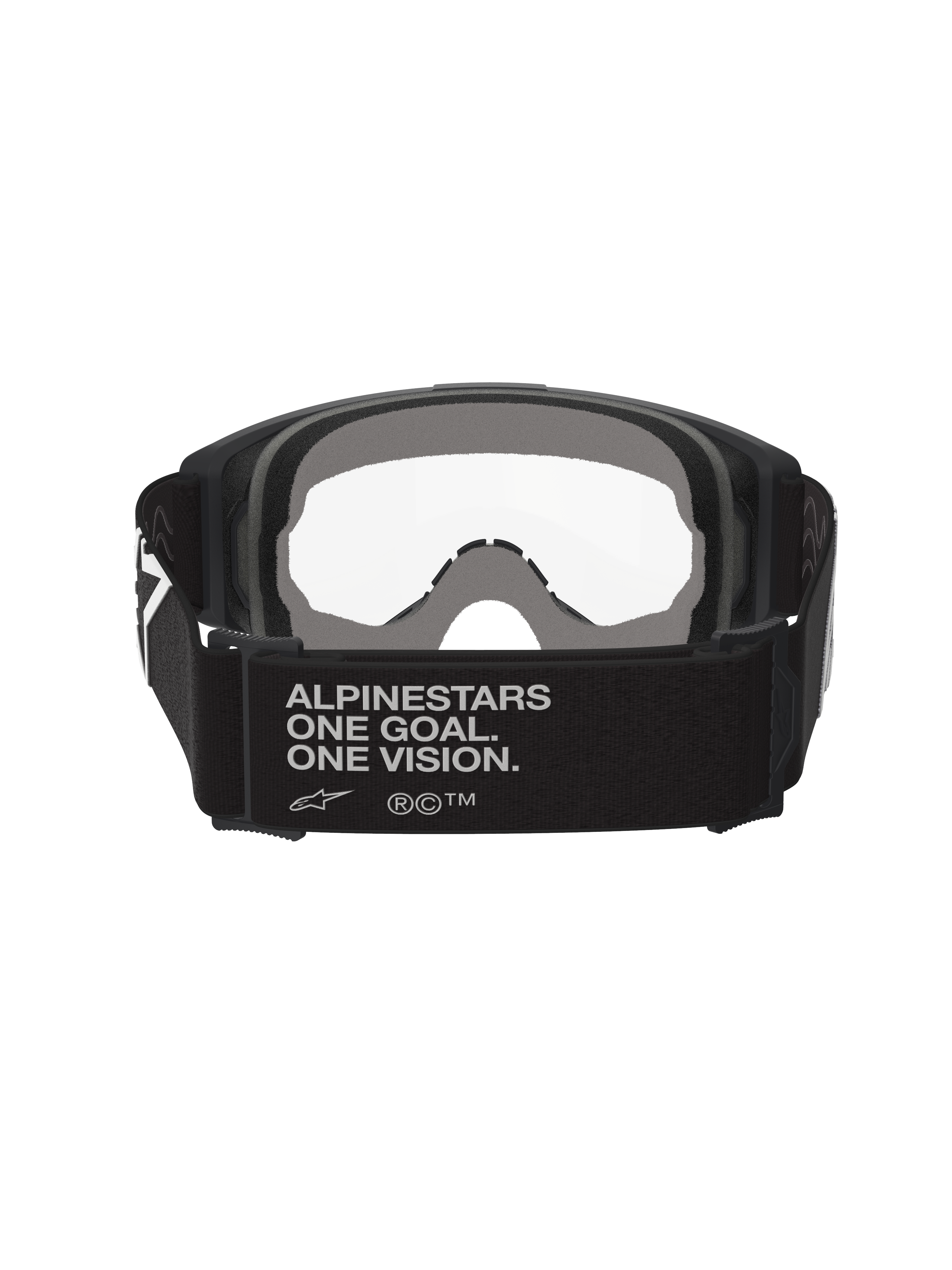 Alpinestars Vision Goggles OTG, óculos de motocross, pretos e cinzentos, vista traseira que mostra uma tira larga tecida preta com o slogan da marca, espuma facial cinzenta de várias camadas, lente transparente, concebidos para um ajuste sobre óculos graduados