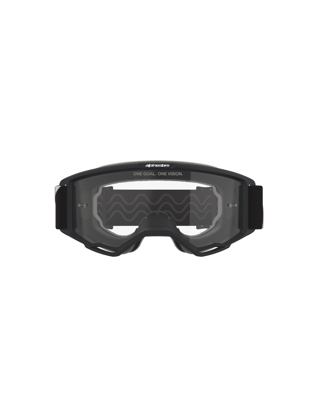 Óculos Alpinestars Vision OTG, óculos de motocross, armação preta com lente transparente, vista frontal com o texto 'ONE GOAL. ONE VISION.' e o logótipo da marca, estrutura de volume profundo para compatibilidade com óculos graduados