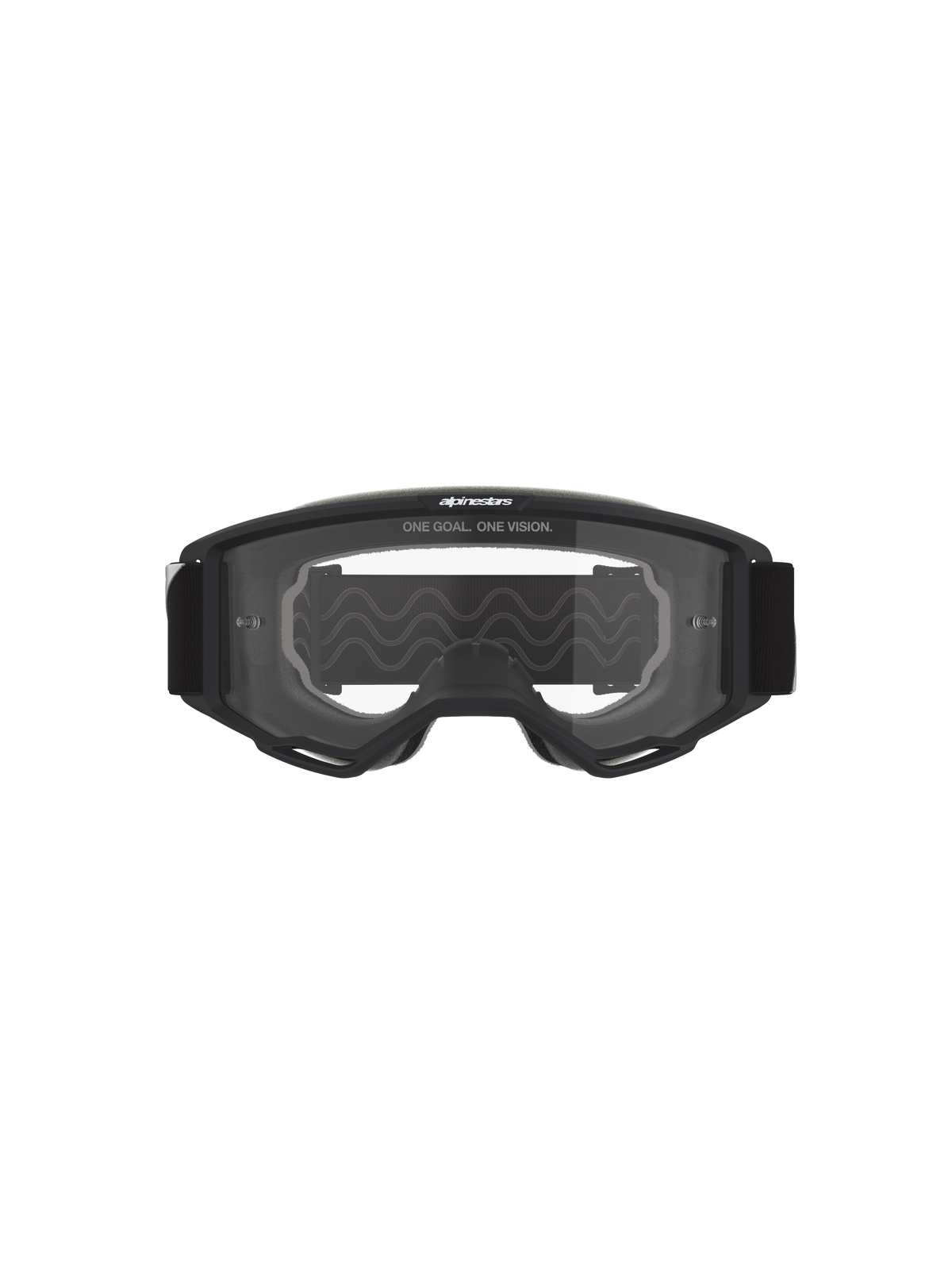 Óculos Alpinestars Vision OTG, óculos de motocross, armação preta com lente transparente, vista frontal com o texto 'ONE GOAL. ONE VISION.' e o logótipo da marca, estrutura de volume profundo para compatibilidade com óculos graduados