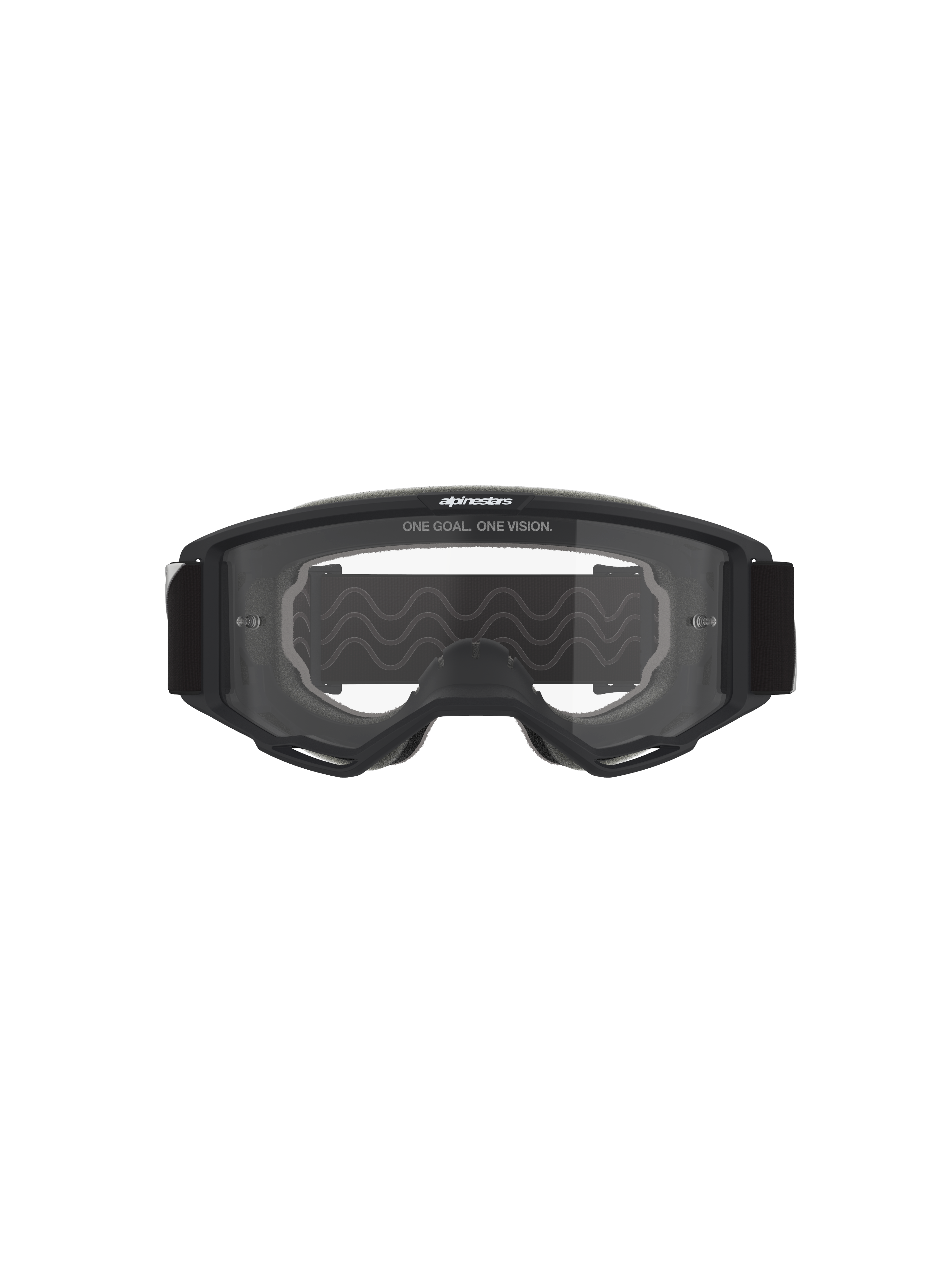 Óculos Alpinestars Vision OTG, óculos de motocross, armação preta com lente transparente, vista frontal com o texto 'ONE GOAL. ONE VISION.' e o logótipo da marca, estrutura de volume profundo para compatibilidade com óculos graduados