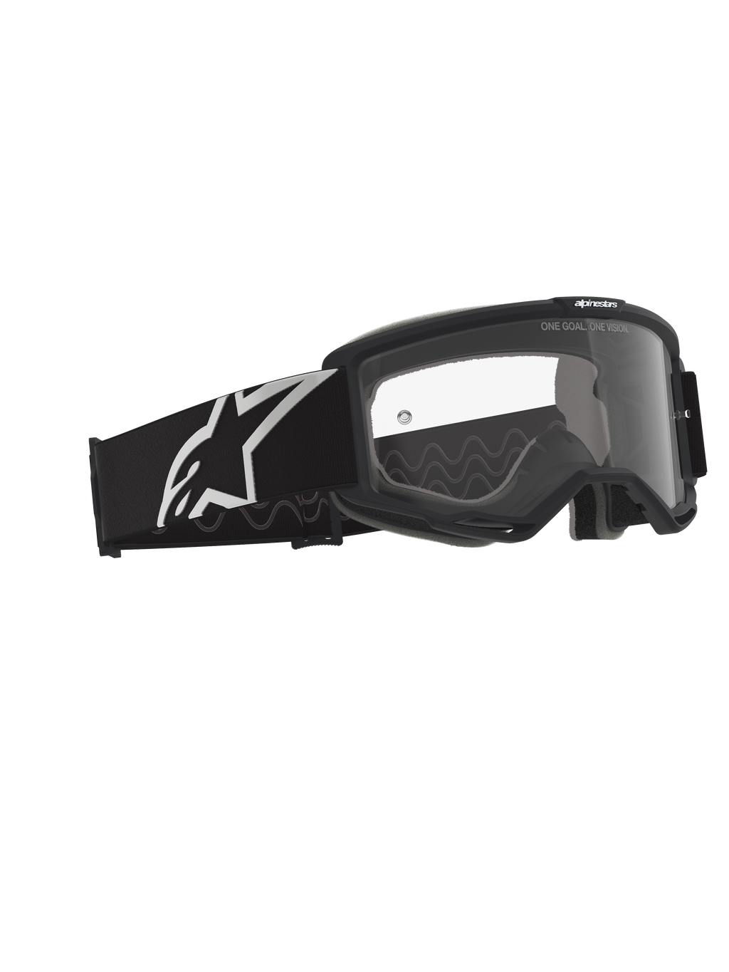 Alpinestars Vision Goggles OTG, óculos de motocross, pretos e cinzentos com lente transparente, armação preta com tira larga com logótipo Alpinestars branco e padrão de tração em silicone cinzento, armação de volume profundo concebida para óculos graduados, lente anti-embaciamento com pormenores da marca