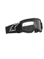 Alpinestars Vision Goggles OTG, óculos de motocross, pretos e cinzentos com lente transparente, armação preta com tira larga com logótipo Alpinestars branco e padrão de tração em silicone cinzento, armação de volume profundo concebida para óculos graduados, lente anti-embaciamento com pormenores da marca