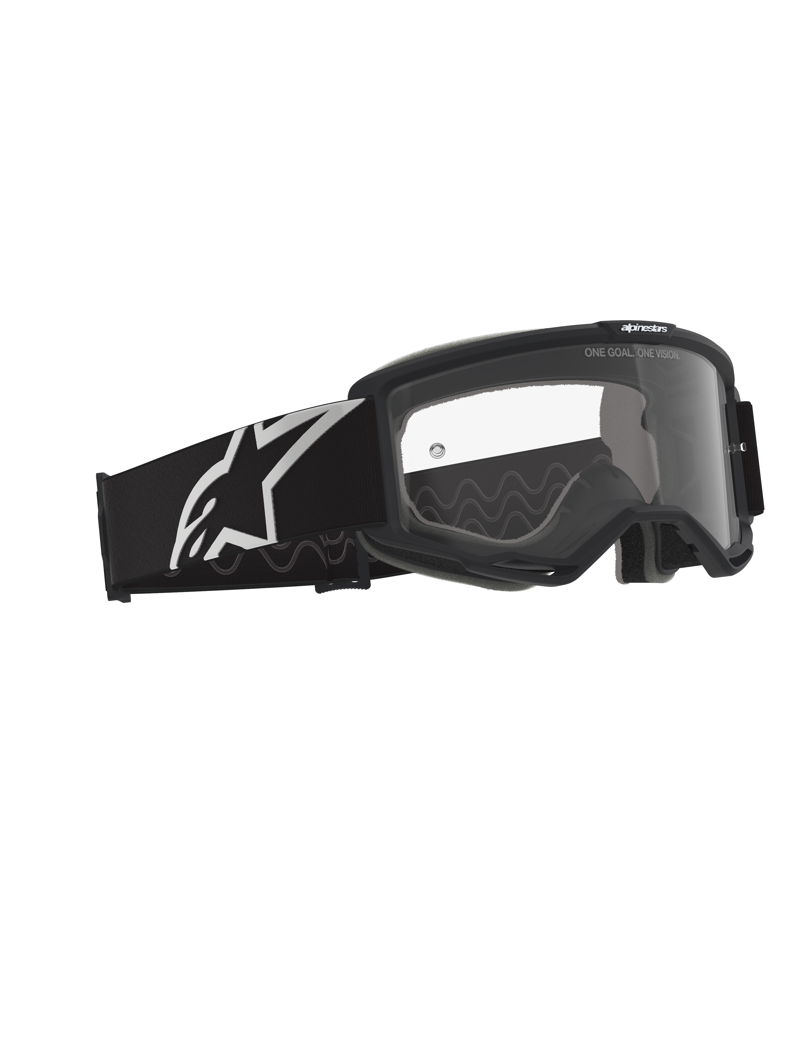 Alpinestars Vision Goggles OTG, óculos de motocross, pretos e cinzentos com lente transparente, armação preta com tira larga com logótipo Alpinestars branco e padrão de tração em silicone cinzento, armação de volume profundo concebida para óculos graduados, lente anti-embaciamento com pormenores da marca