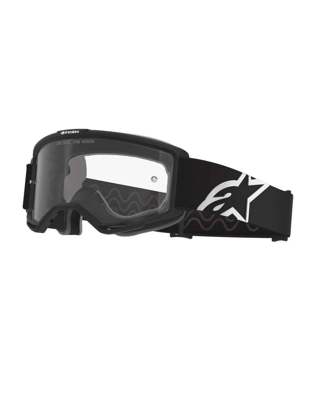 Alpinestars Vision Goggles OTG, óculos de motocross, pretos e cinzentos com lente transparente, fita larga tecida preta com o logótipo Alpinestars em branco, armação de volume profundo concebida para óculos graduados, proteção ocular para condução fora de estrada