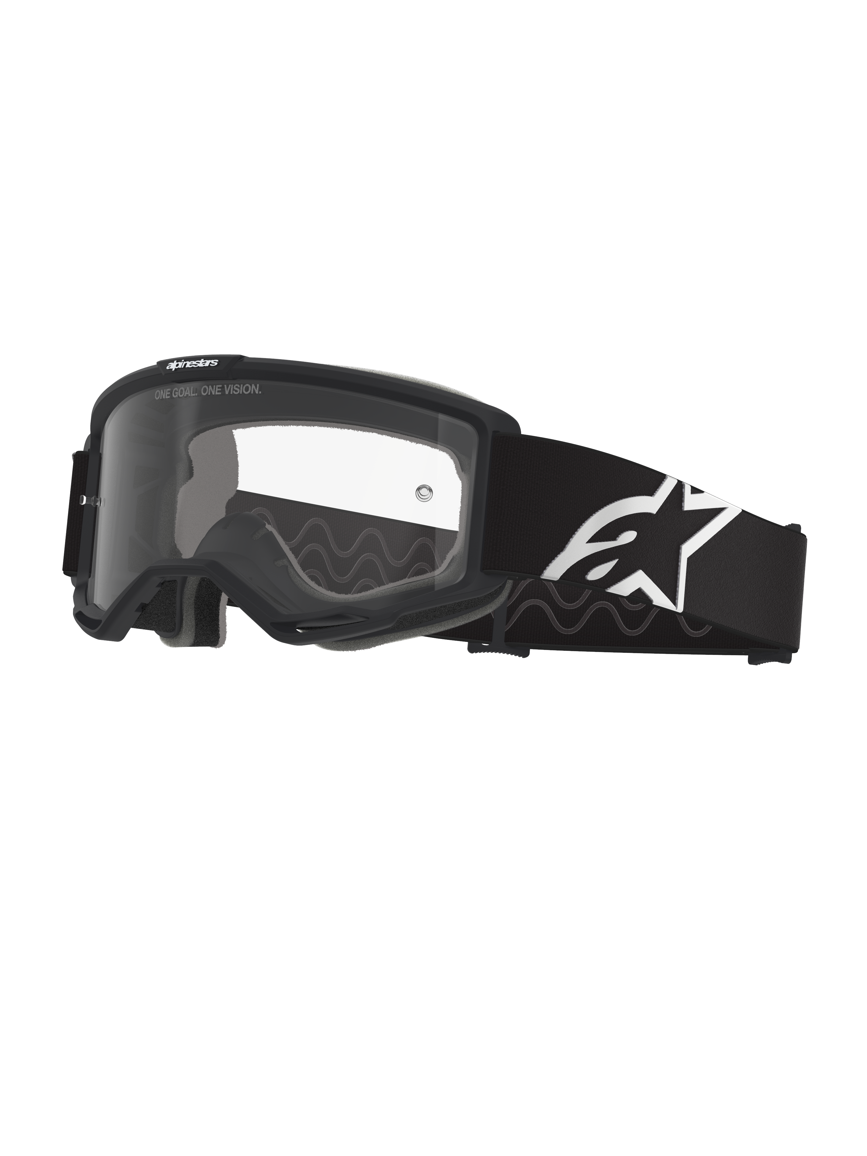 Alpinestars Vision Goggles OTG, Motocross Goggles, Black and Grey with Clear lens, wide black woven strap featuring white Alpinestars logo, deep volume frame designed for prescription glasses, protective eyewear for off-road riding