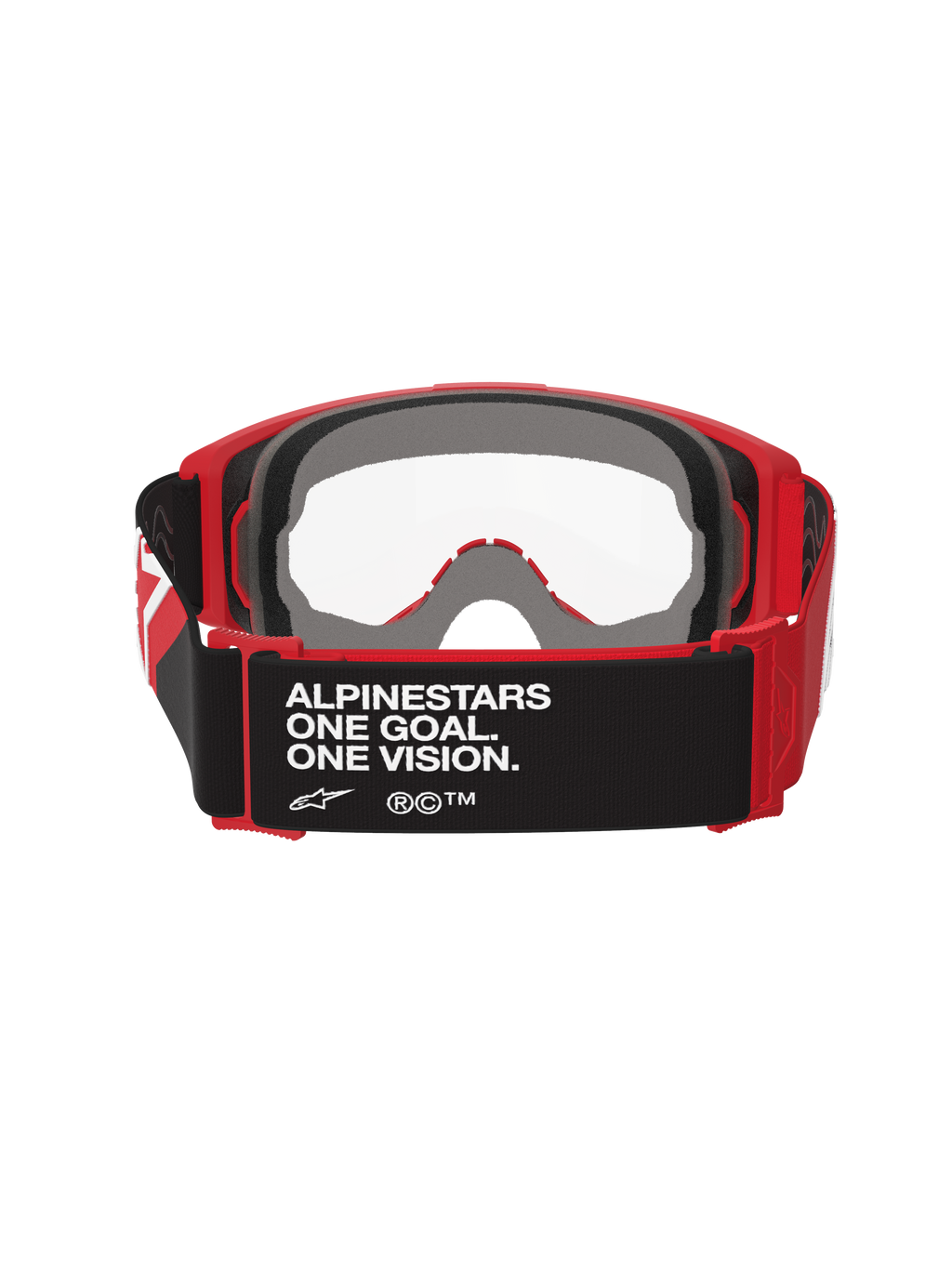 Óculos Alpinestars Vision OTG, óculos de motocross, vermelhos e pretos com lente transparente, vista traseira mostrando a correia preta com o texto 'ALPINESTARS ONE GOAL. ONE VISION.', espuma facial espessa de várias camadas e armação flexível vermelha para ajuste sobre óculos graduados