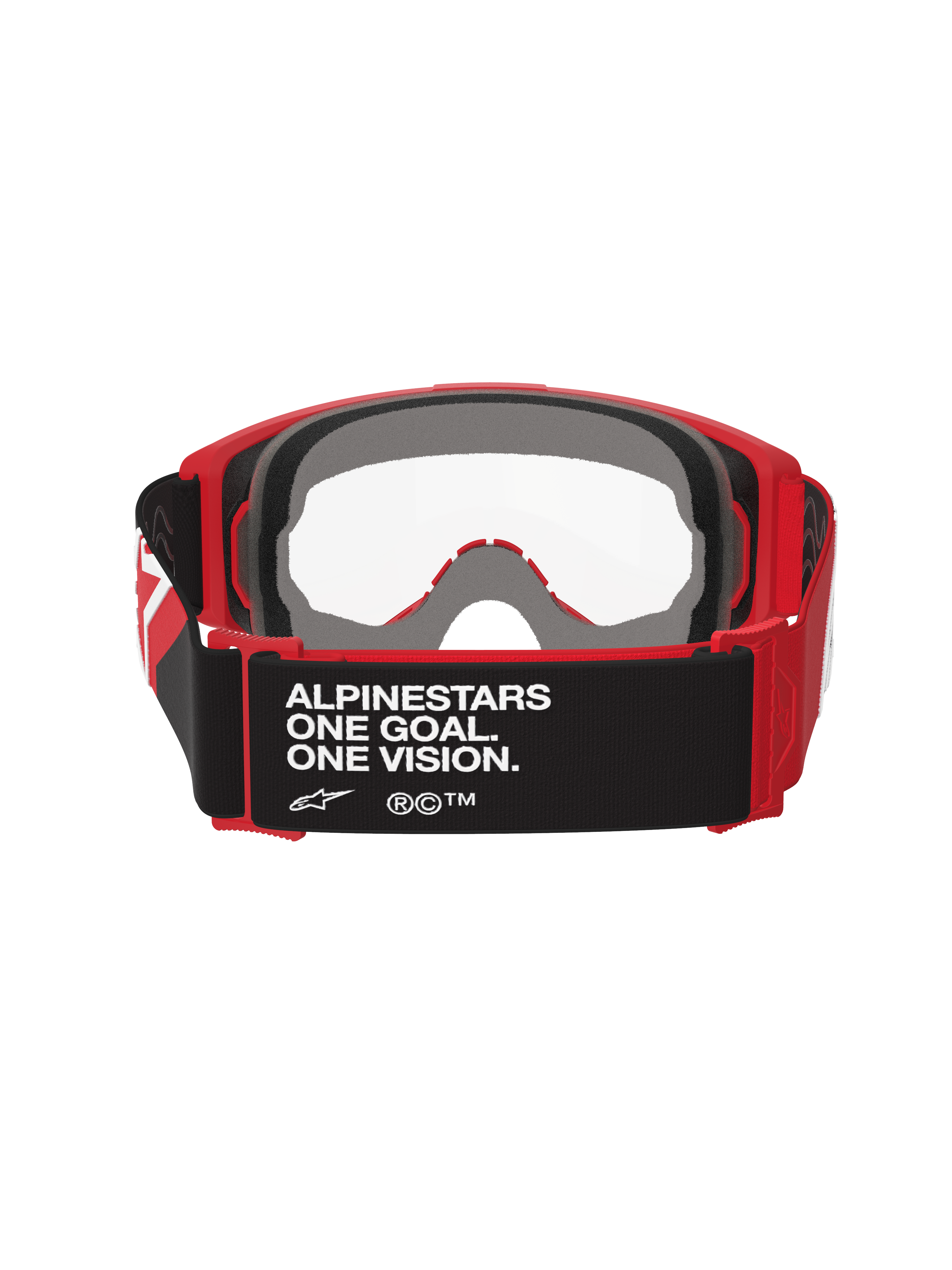 Óculos Alpinestars Vision OTG, óculos de motocross, vermelhos e pretos com lente transparente, vista traseira mostrando a correia preta com o texto 'ALPINESTARS ONE GOAL. ONE VISION.', espuma facial espessa de várias camadas e armação flexível vermelha para ajuste sobre óculos graduados
