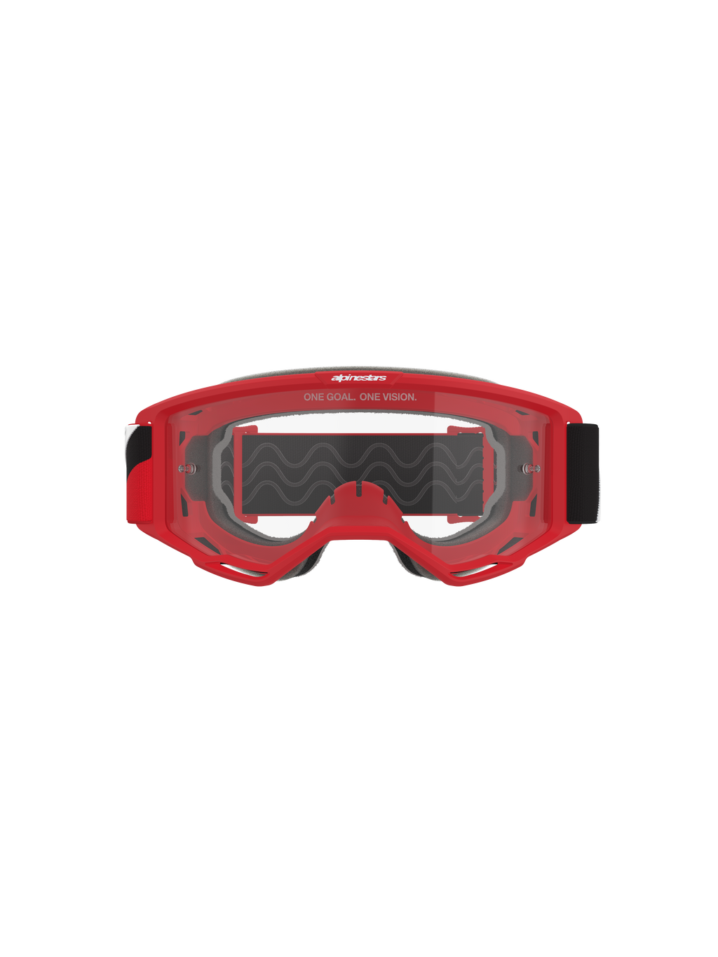 Óculos Alpinestars Vision OTG, óculos de motocross, armação vermelha com lente transparente anti-embaciamento, vista frontal com o slogan 'ONE GOAL. ONE VISION.', tira preta larga, proteção ocular de alta performance para corridas off-road