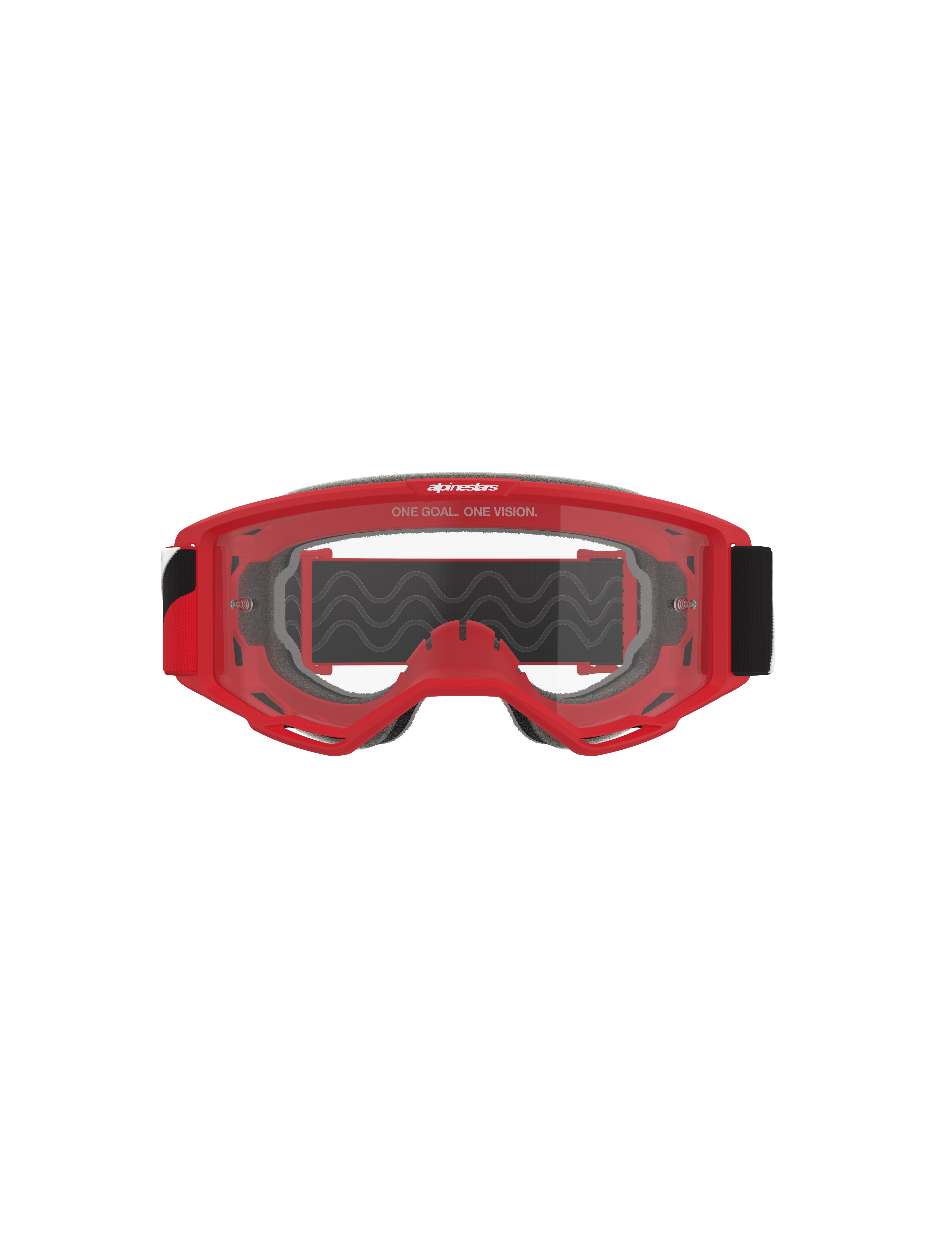 Óculos Alpinestars Vision OTG, óculos de motocross, armação vermelha com lente transparente anti-embaciamento, vista frontal com o slogan 'ONE GOAL. ONE VISION.', tira preta larga, proteção ocular de alta performance para corridas off-road