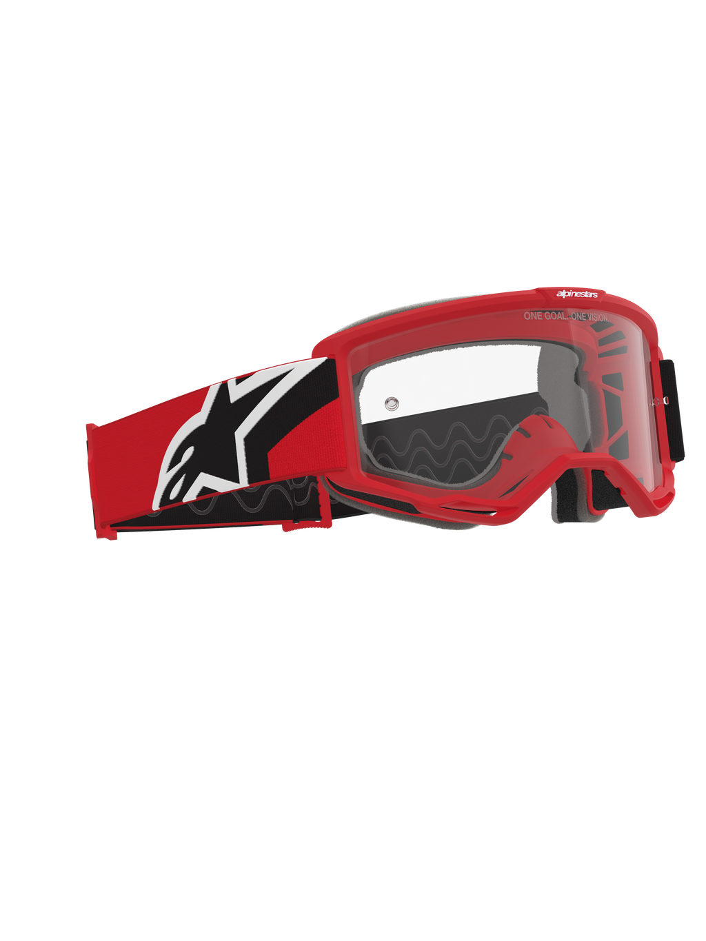 Alpinestars Vision Goggles OTG, óculos de motocross, em vermelho, preto e branco, lente de policarbonato transparente, armação de volume profundo concebida para óculos graduados, correia vermelha e preta com logótipo Alpinestars branco