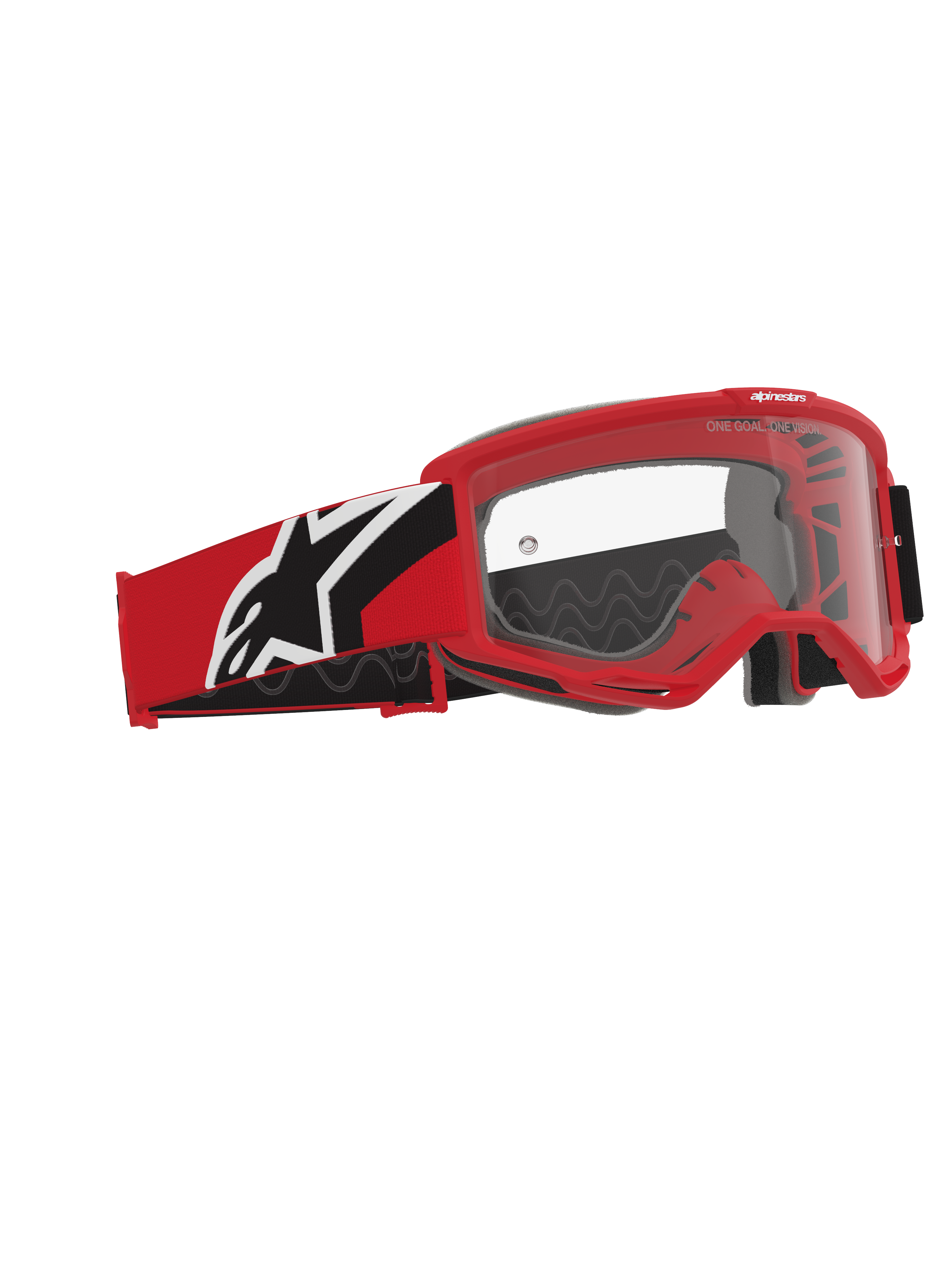 Alpinestars Vision Goggles OTG, óculos de motocross, em vermelho, preto e branco, lente de policarbonato transparente, armação de volume profundo concebida para óculos graduados, correia vermelha e preta com logótipo Alpinestars branco