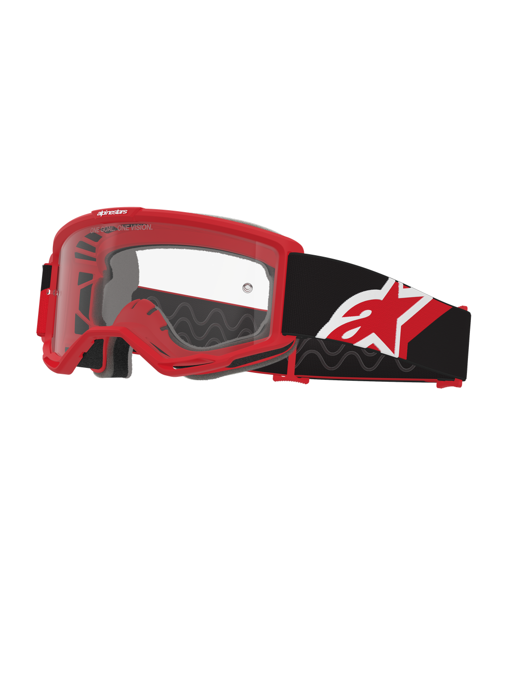 Óculos Alpinestars Vision OTG, óculos de motocross, vermelho, preto e branco com lente transparente, design "over-the-glasses" com armação vermelha de volume profundo, fita preta larga com logótipo de estrela em vermelho e branco, ventilação de elevado fluxo de ar para corridas off-road