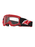 Óculos Alpinestars Vision OTG, óculos de motocross, vermelho, preto e branco com lente transparente, design "over-the-glasses" com armação vermelha de volume profundo, fita preta larga com logótipo de estrela em vermelho e branco, ventilação de elevado fluxo de ar para corridas off-road