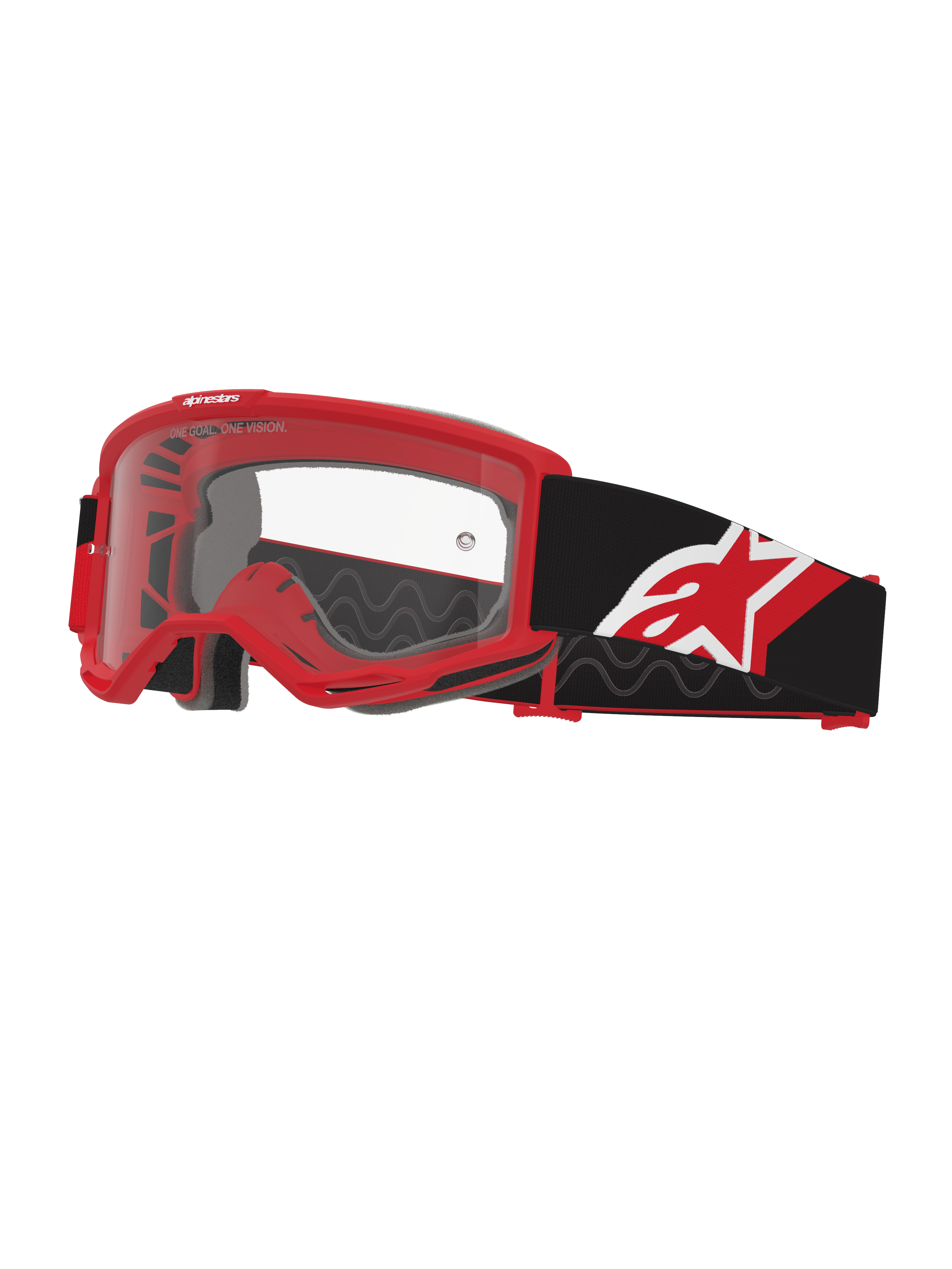 Óculos Alpinestars Vision OTG, óculos de motocross, vermelho, preto e branco com lente transparente, design "over-the-glasses" com armação vermelha de volume profundo, fita preta larga com logótipo de estrela em vermelho e branco, ventilação de elevado fluxo de ar para corridas off-road