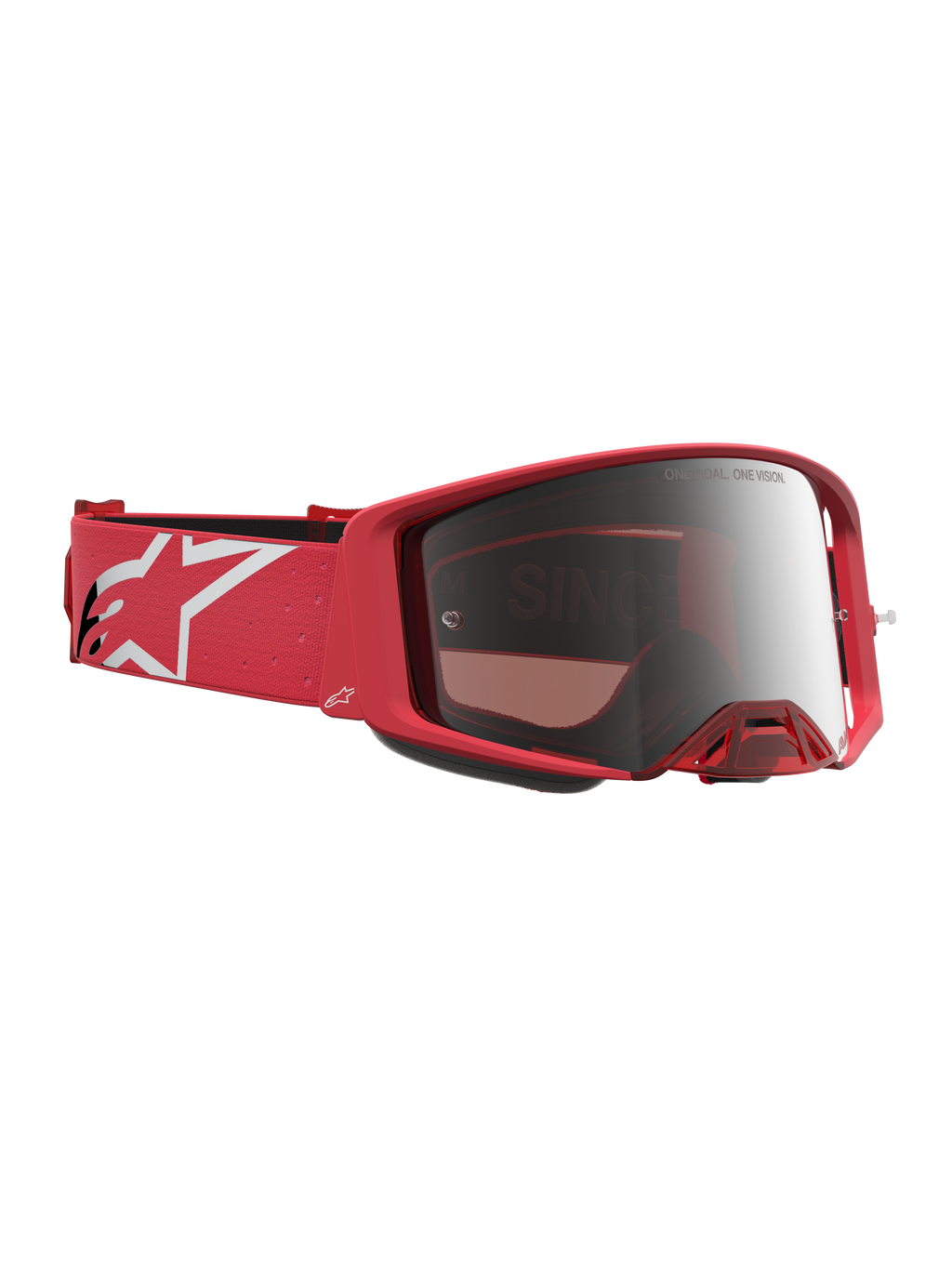 Óculos Alpinestars Supertech Vesta para motocross, em vermelho fluo e prateado espelhado, com logótipo de estrela branca.