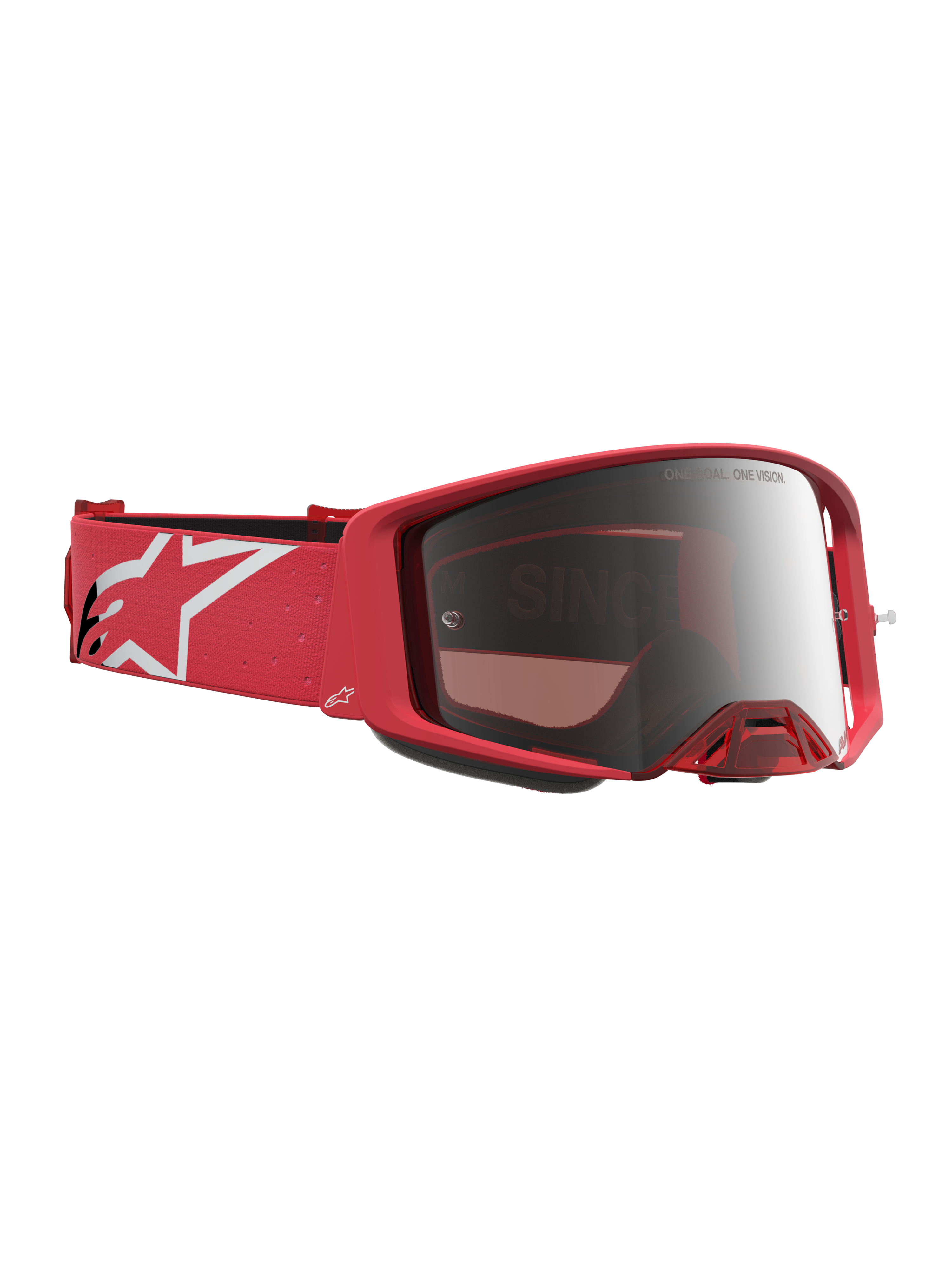 Óculos Alpinestars Supertech Vesta para motocross, em vermelho fluo e prateado espelhado, com logótipo de estrela branca.
