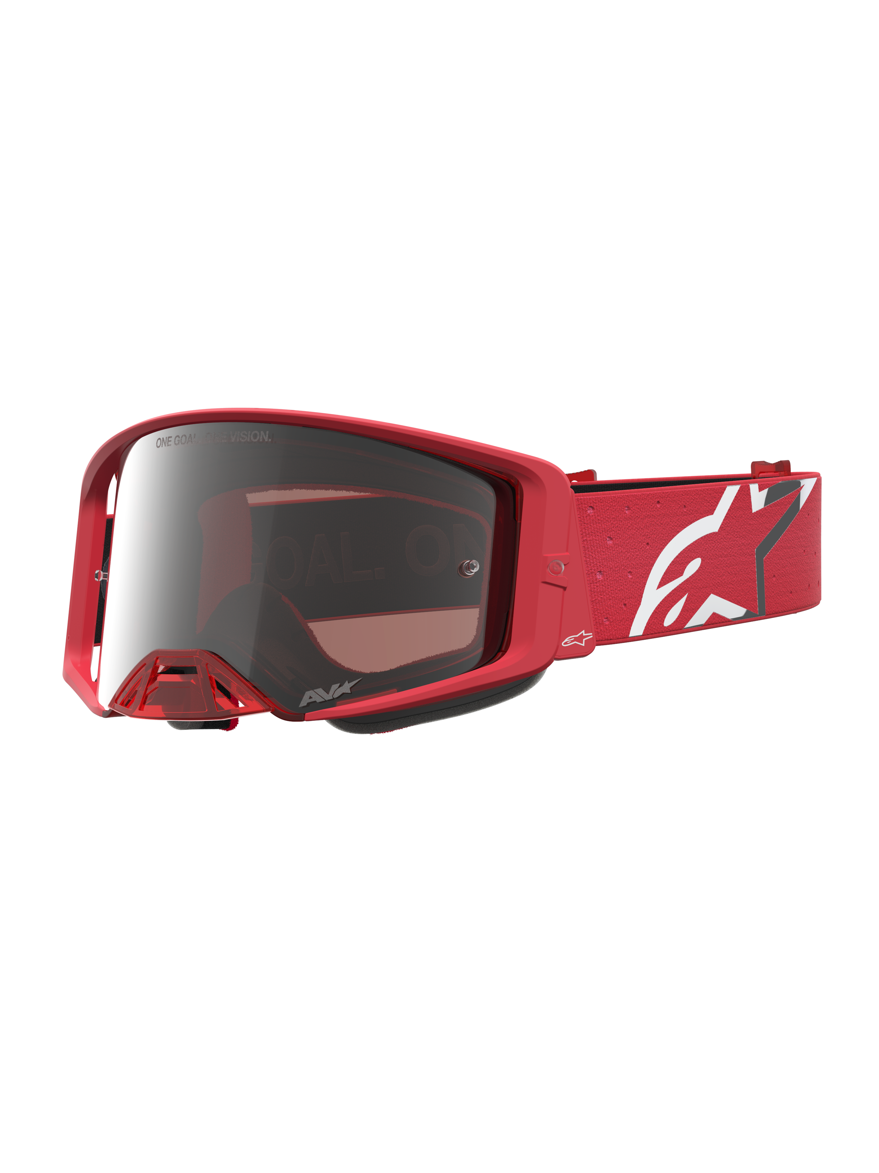 Alpinestars Supertech Vesta, óculos de motocross e off-road, vermelho fluorescente, lente prateada espelhada, correia vermelha com logótipo Astars branco.