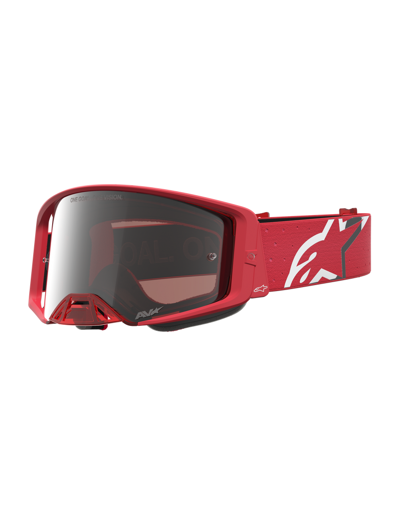 Alpinestars Supertech Vesta, óculos de motocross e off-road, vermelho fluorescente, lente prateada espelhada, correia vermelha com logótipo Astars branco.