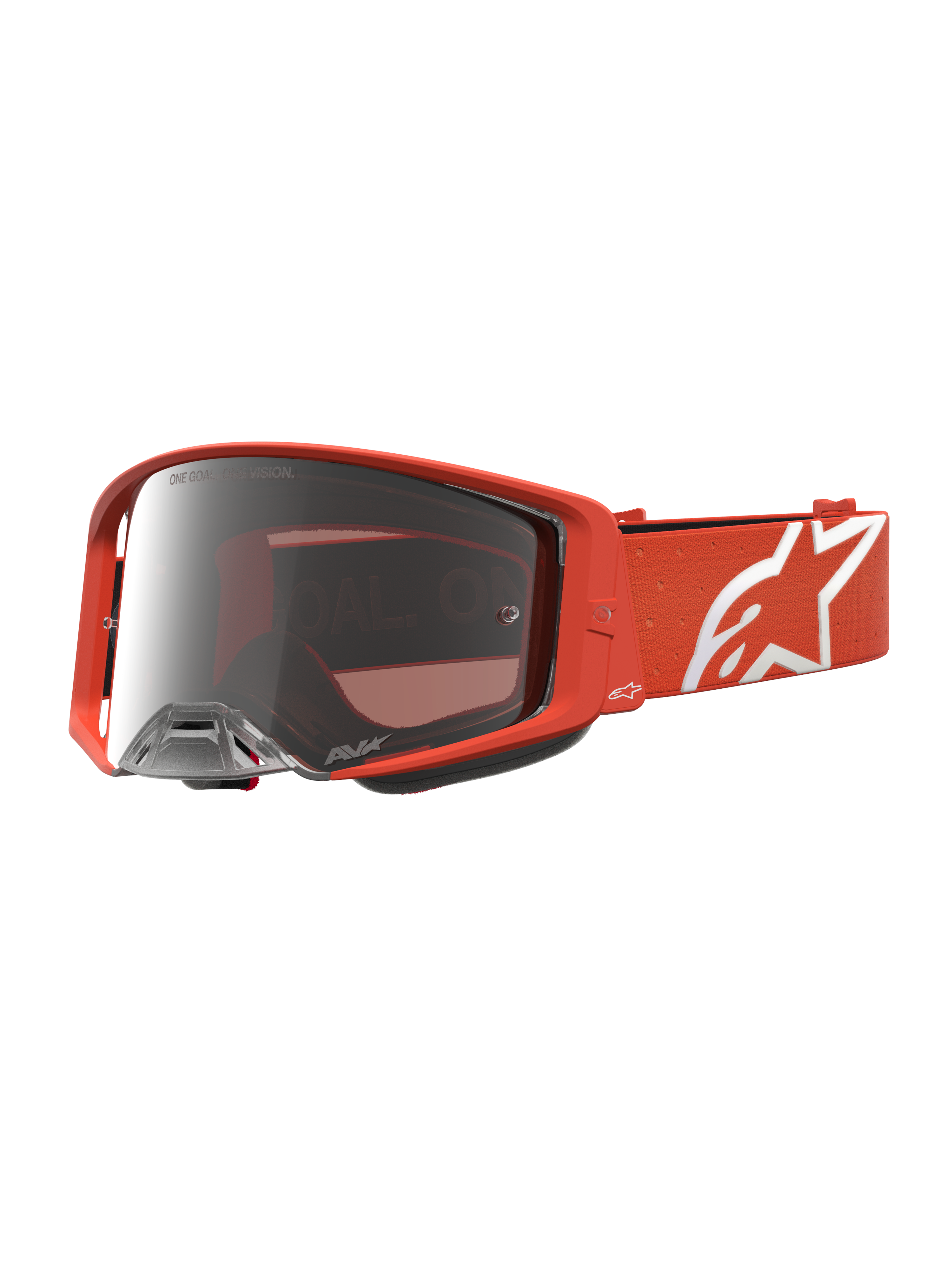 Alpinestars óculos Supertech Vesta, óculos de motocross laranja com lente espelhada prateada e fluxo de ar otimizado.