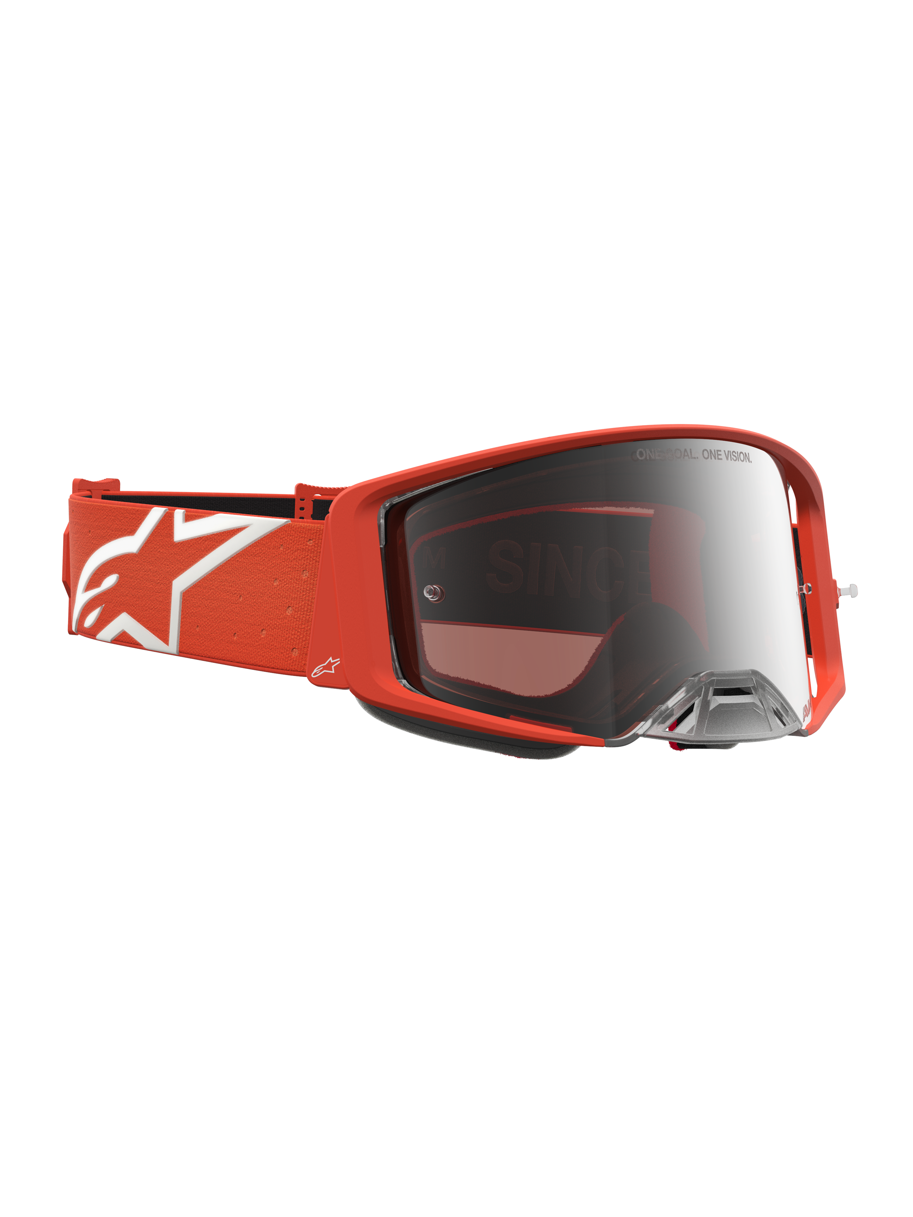 Alpinestars Supertech Vesta, óculos de motocross laranja com lente prateada espelhada e alça com logótipo de estrela branco.