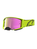 Alpinestars Supertech Vesta, óculos de motocross em amarelo fluorescente e preto, lente rosa espelhada, design técnico para proteção off-road.