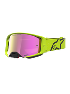 Alpinestars Supertech Vesta, óculos de motocross em amarelo fluorescente e preto, lente rosa espelhada, design técnico para proteção off-road.