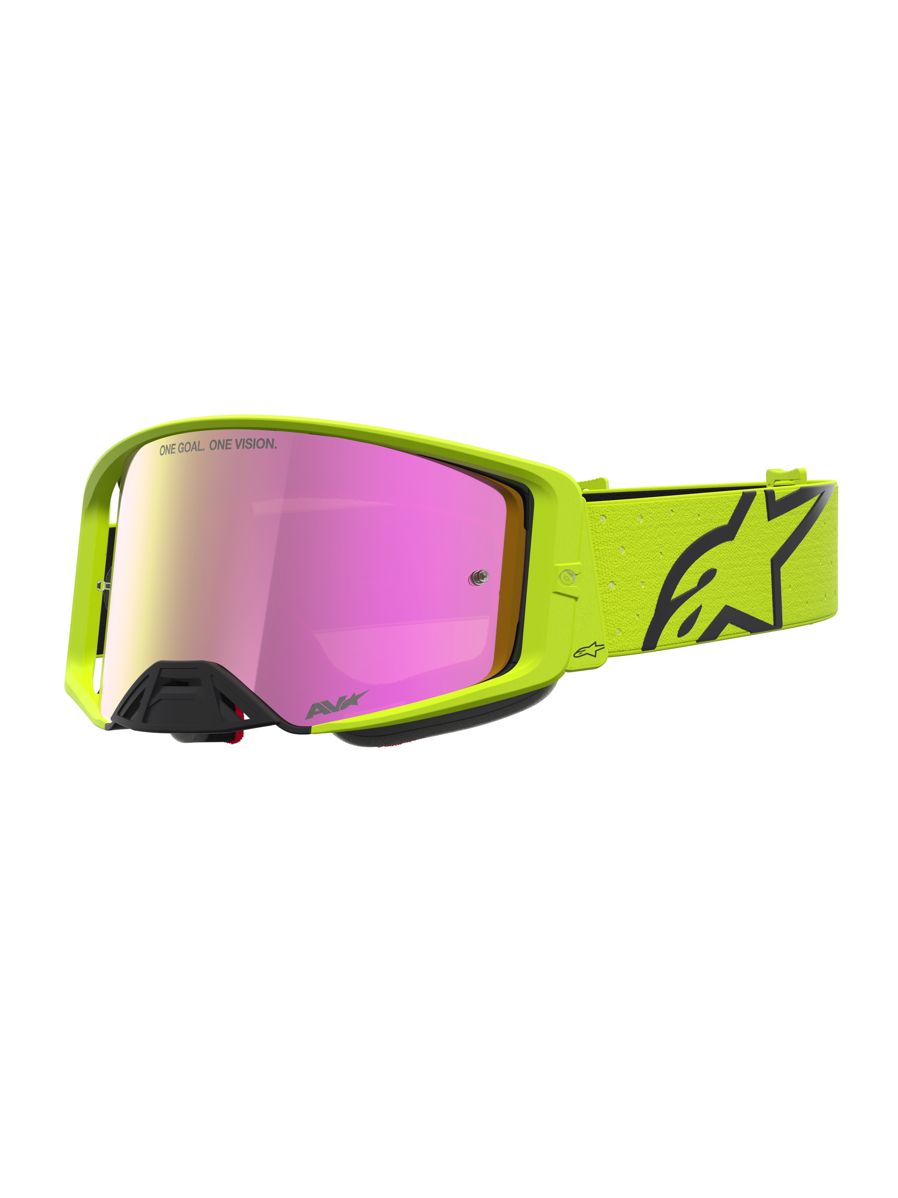 Alpinestars Supertech Vesta, óculos de motocross em amarelo fluorescente e preto, lente rosa espelhada, design técnico para proteção off-road.
