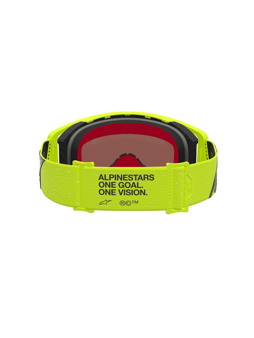 Alpinestars Supertech Vesta, óculos de motocross, amarelos fluo e pretos, com tira com o lema One Goal. One Vision. e lente espelhada protetora para todo-o-terreno.