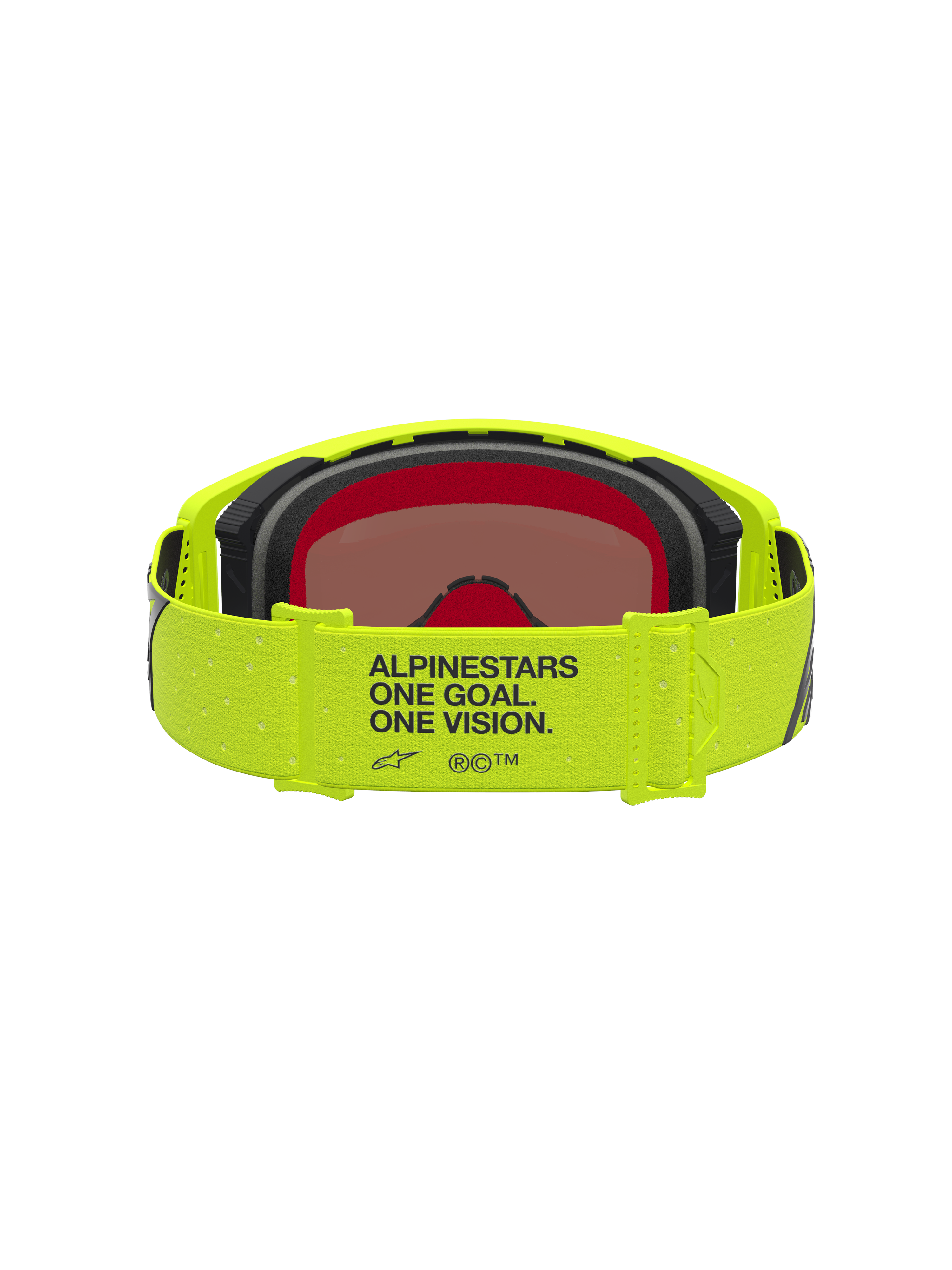 Alpinestars Supertech Vesta, óculos de motocross, amarelos fluo e pretos, com tira com o lema One Goal. One Vision. e lente espelhada protetora para todo-o-terreno.