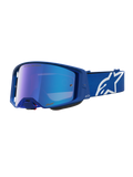 Alpinestars Supertech Vesta, óculos de motocross, azuis e brancos, lente espelhada azul e fita com logótipo Astars.