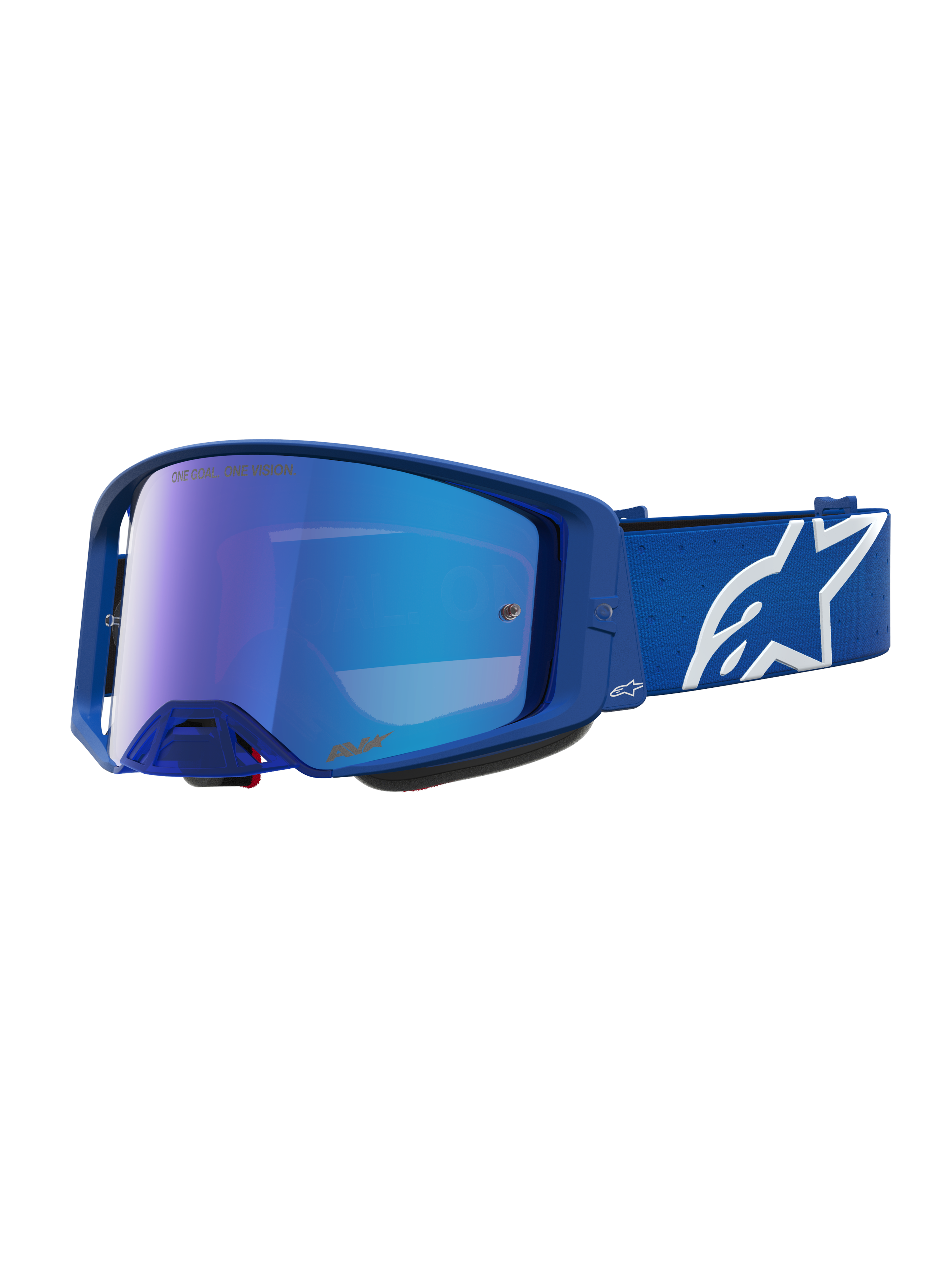 Alpinestars Supertech Vesta, óculos de motocross, azuis e brancos, lente espelhada azul e fita com logótipo Astars.