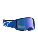 Alpinestars Supertech Vesta, óculos de motocross e todo-o-terreno, azuis e brancos, com lentes azuis espelhadas para corrida, logótipo Astars na correia elástica