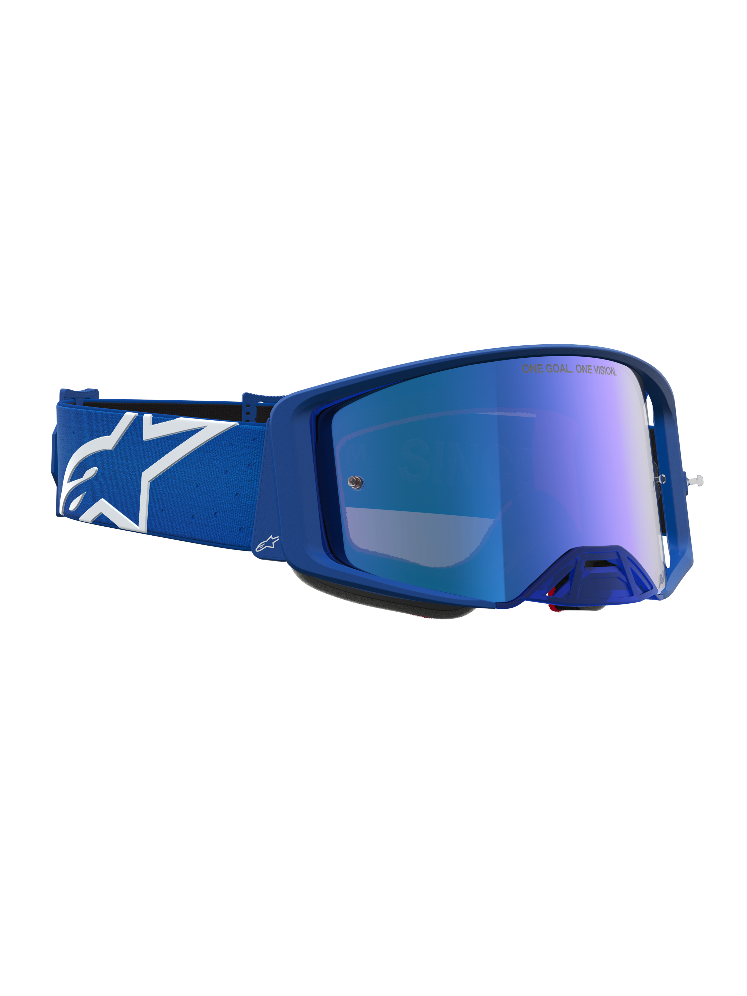 Alpinestars Supertech Vesta, óculos de motocross e todo-o-terreno, azuis e brancos, com lentes azuis espelhadas para corrida, logótipo Astars na correia elástica