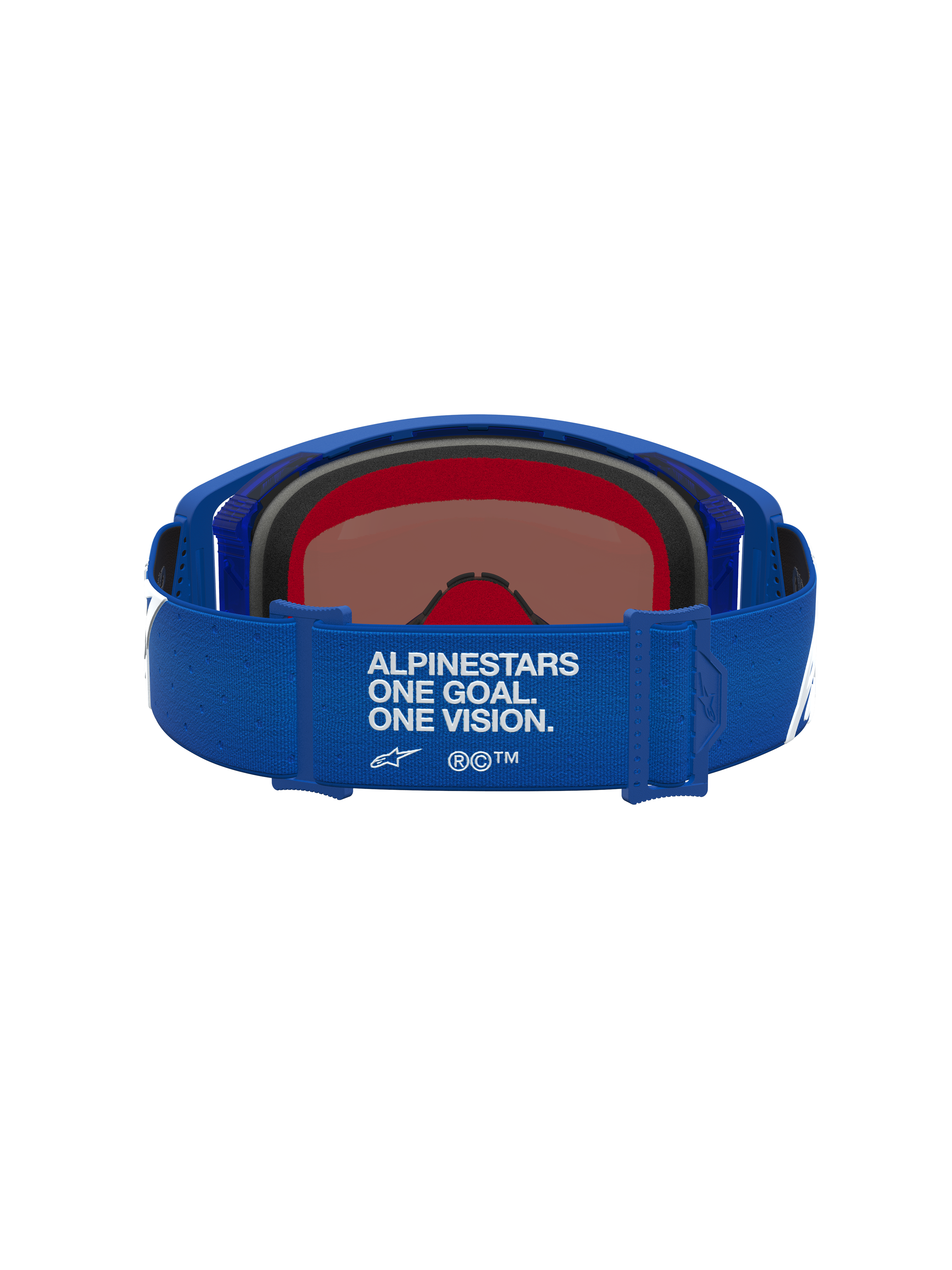 Alpinestars Supertech Vesta, óculos de motocross, azuis e brancos, vista da alça com slogan One Goal One Vision