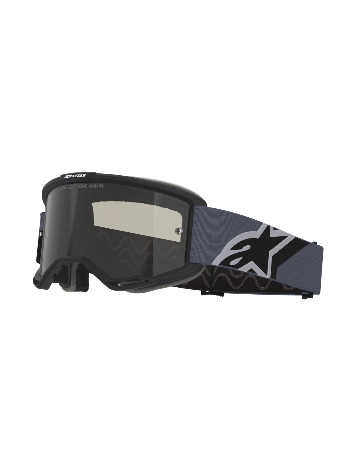Óculos Alpinestars Vision Sand, óculos de motocross, armação preta e cinzenta com lente fumo escuro, fita larga azul-acinzentada com um grande logótipo Alpinestars a preto e branco, proteção ocular para condução em todo-o-terreno e no deserto
