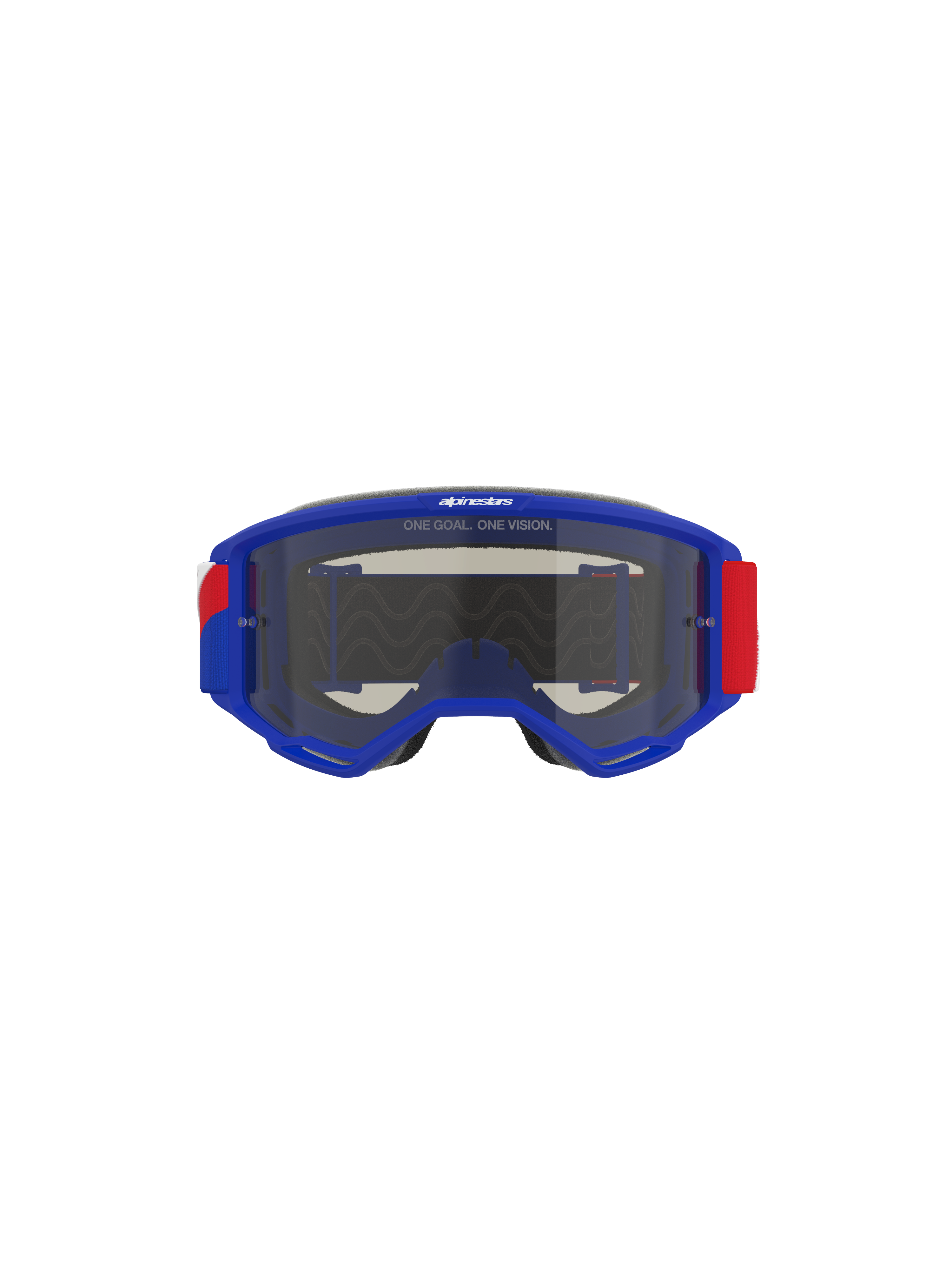 Alpinestars Vision Sand Goggles, Blue frame with Red and White strap accents, Dark Smoke tinted lens, featuring 'ONE GOAL. ONE VISION.' slogan on the top, high-performance motocross eyewear designed for desert and off-road protection